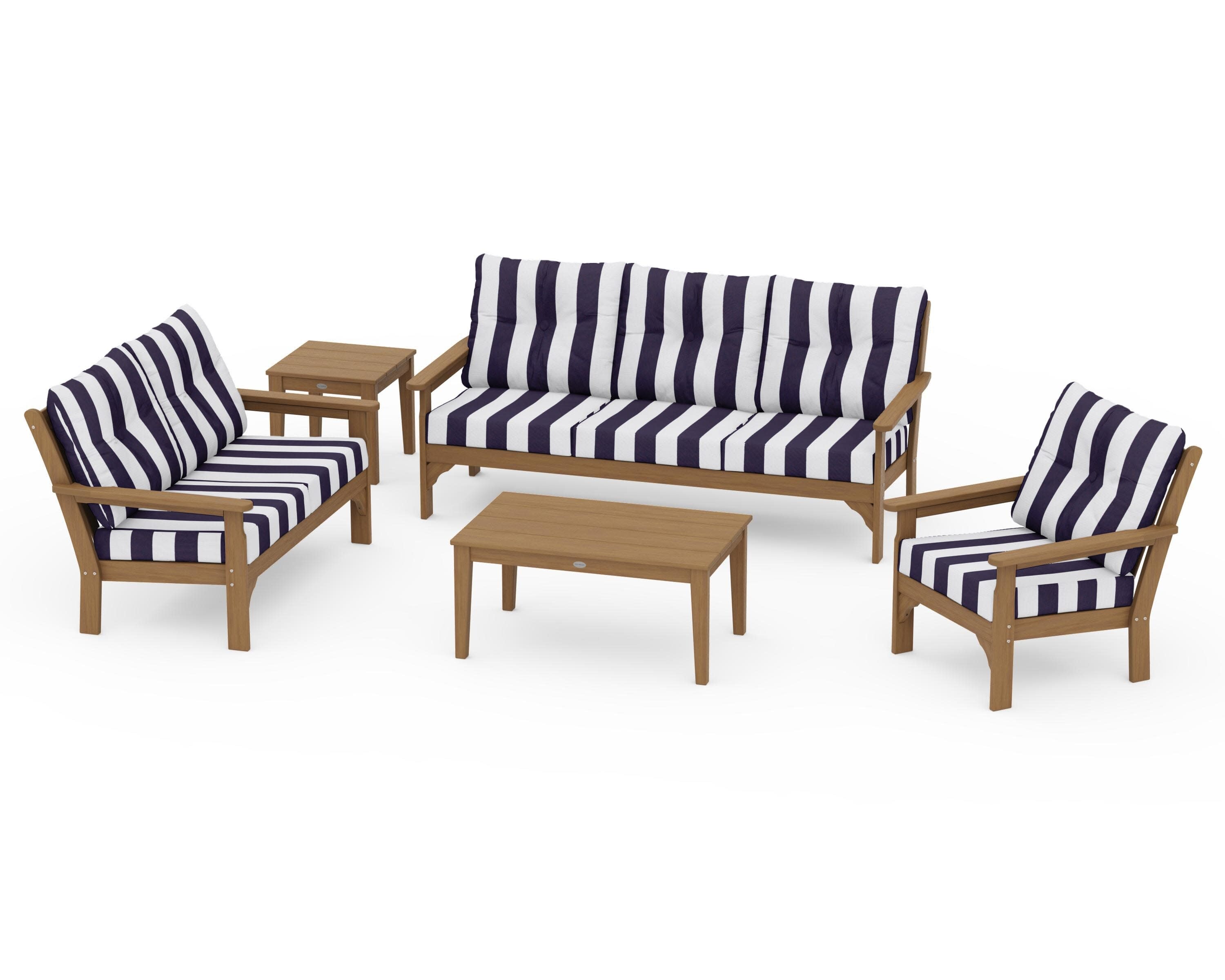 Vineyard 5 Piece Deep Seating Set in Natural / Cabana Stripe Navy