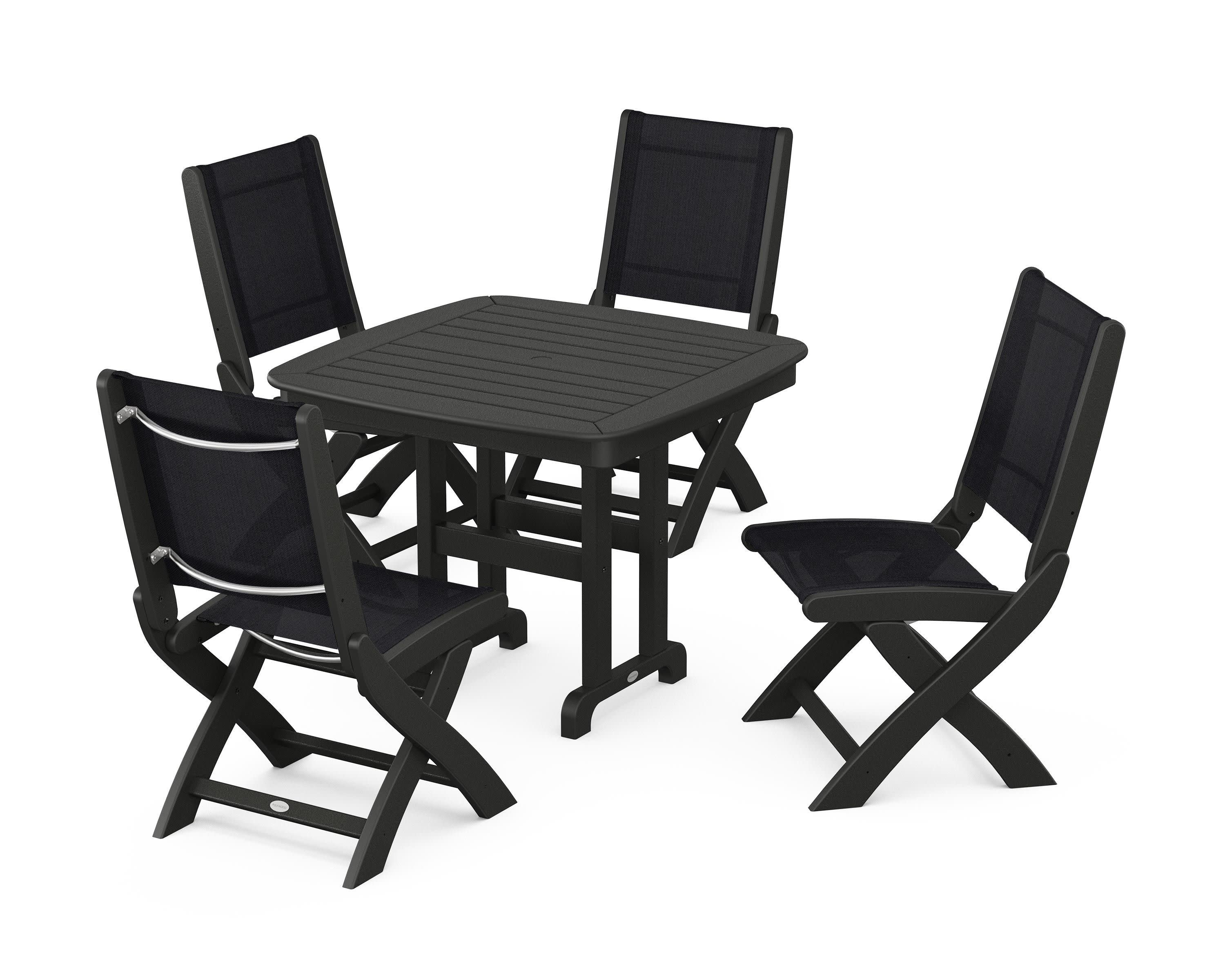 Coastal Folding Side Chair 5-Piece Dining Set in Black / Black Sling