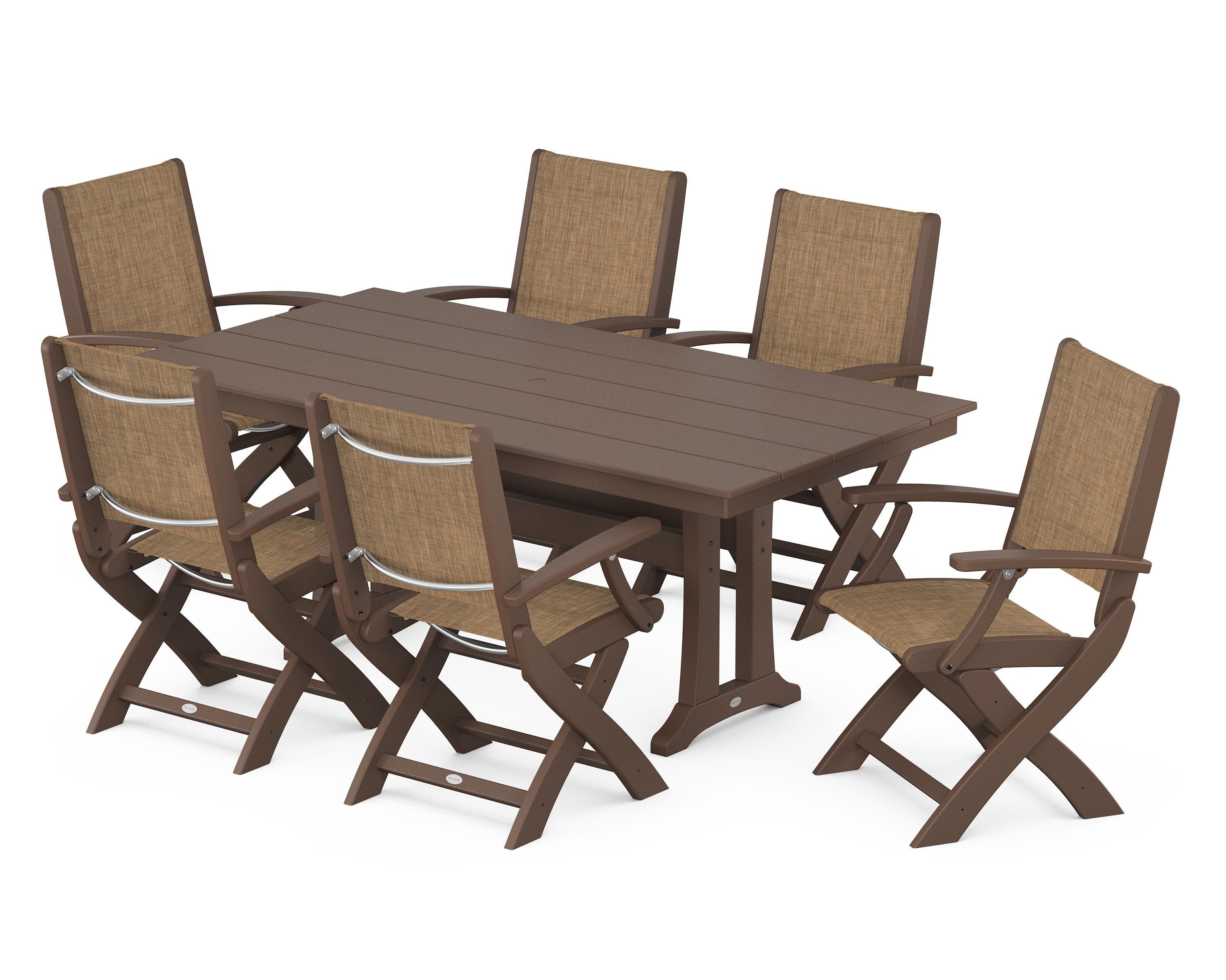Coastal Folding Arm Chair 7-Piece Farmhouse Dining Set with Trestle Legs in Mahogany / Burlap Sling