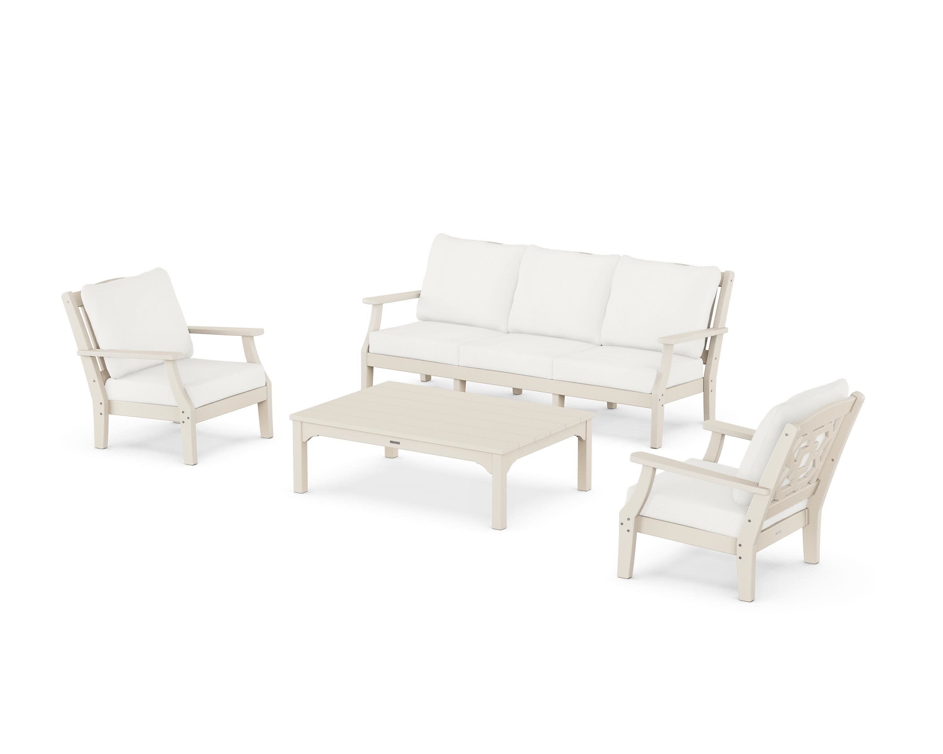 Chinoiserie 4-Piece Deep Seating Set with Sofa in Sand / Natural Linen