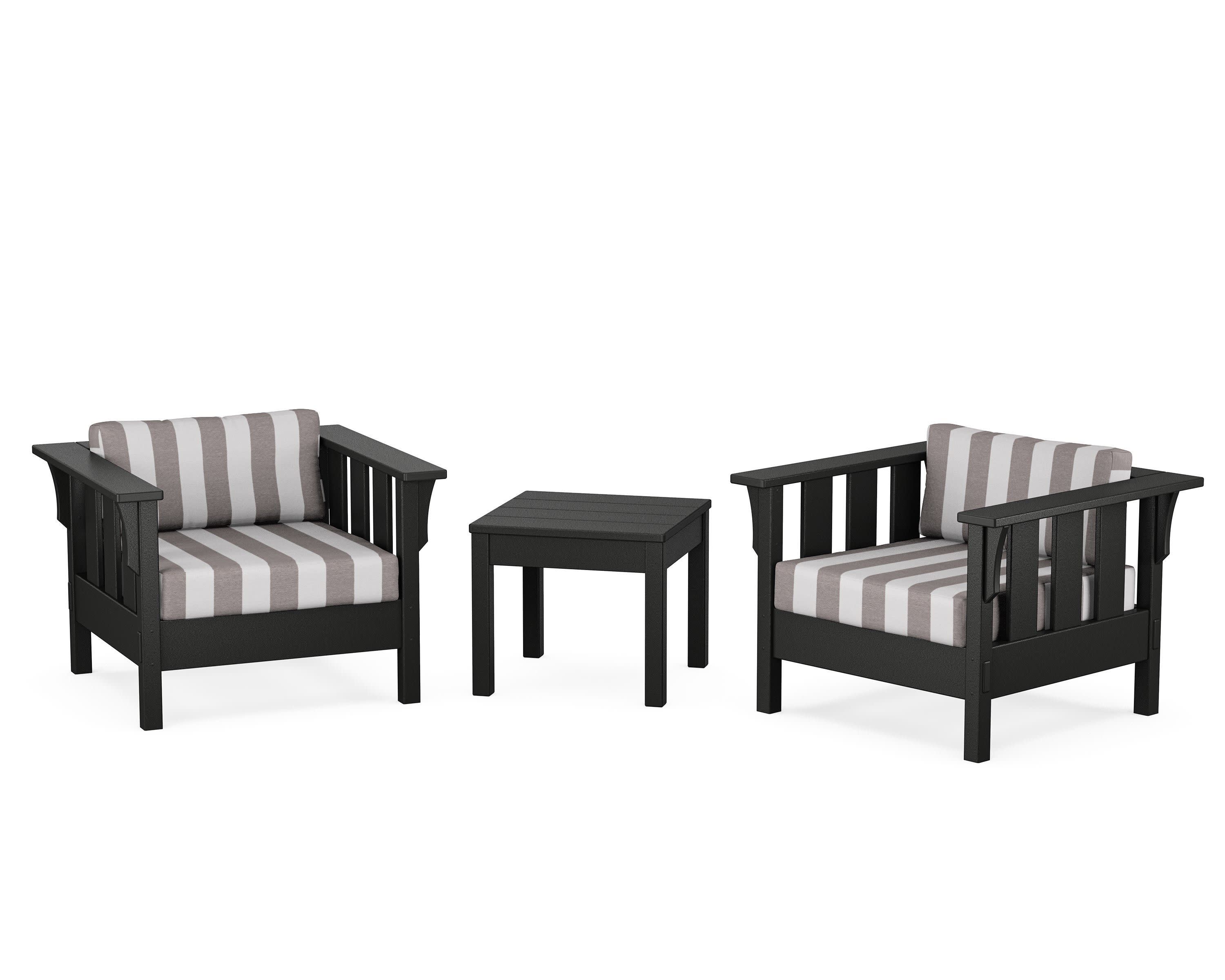 Acadia 3-Piece Deep Seating Set in Black / Cabana Stripe Grey Mist