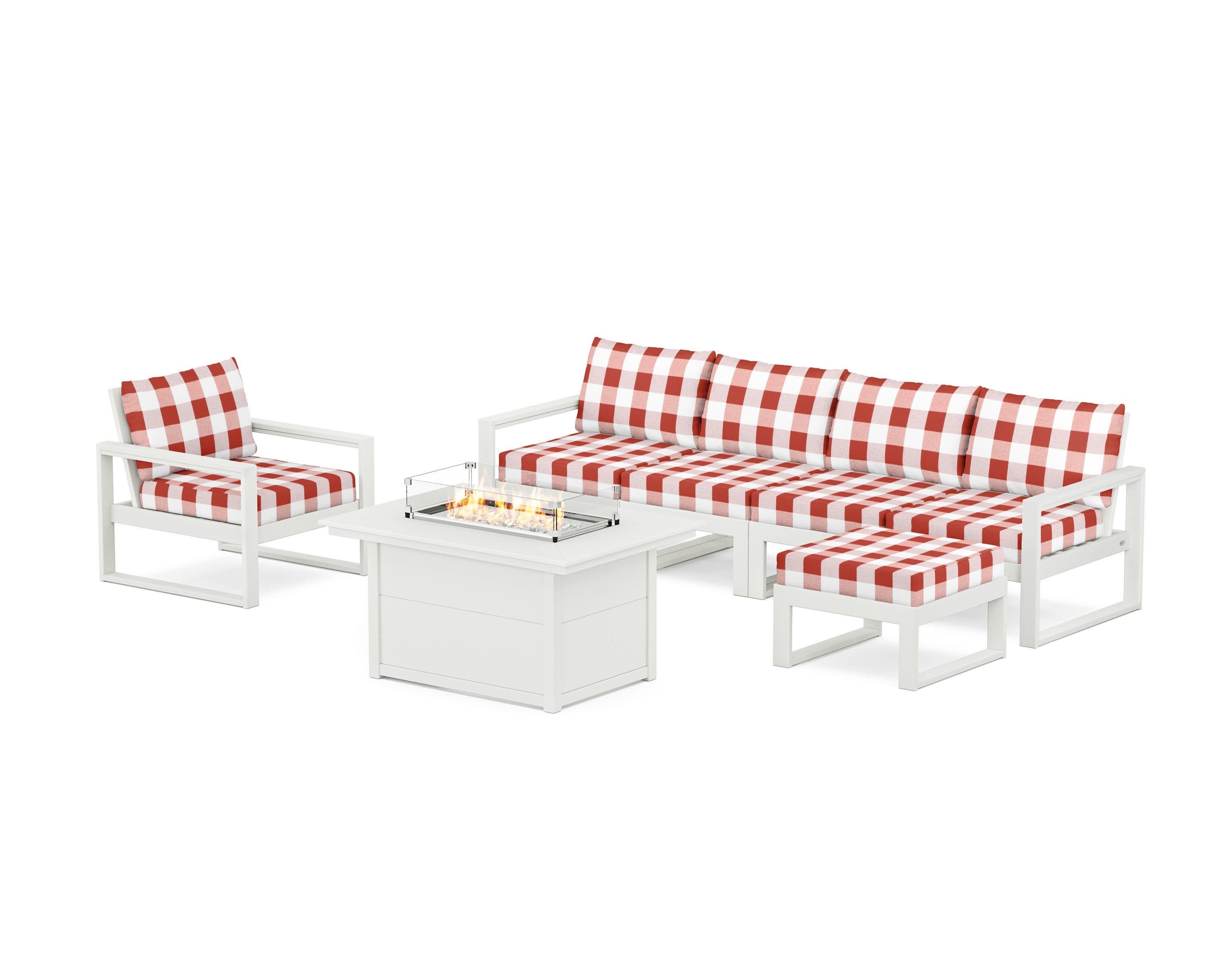 EDGE Sectional Lounge and Fire Pit Set in Vintage White / Buffalo Plaid Crimson