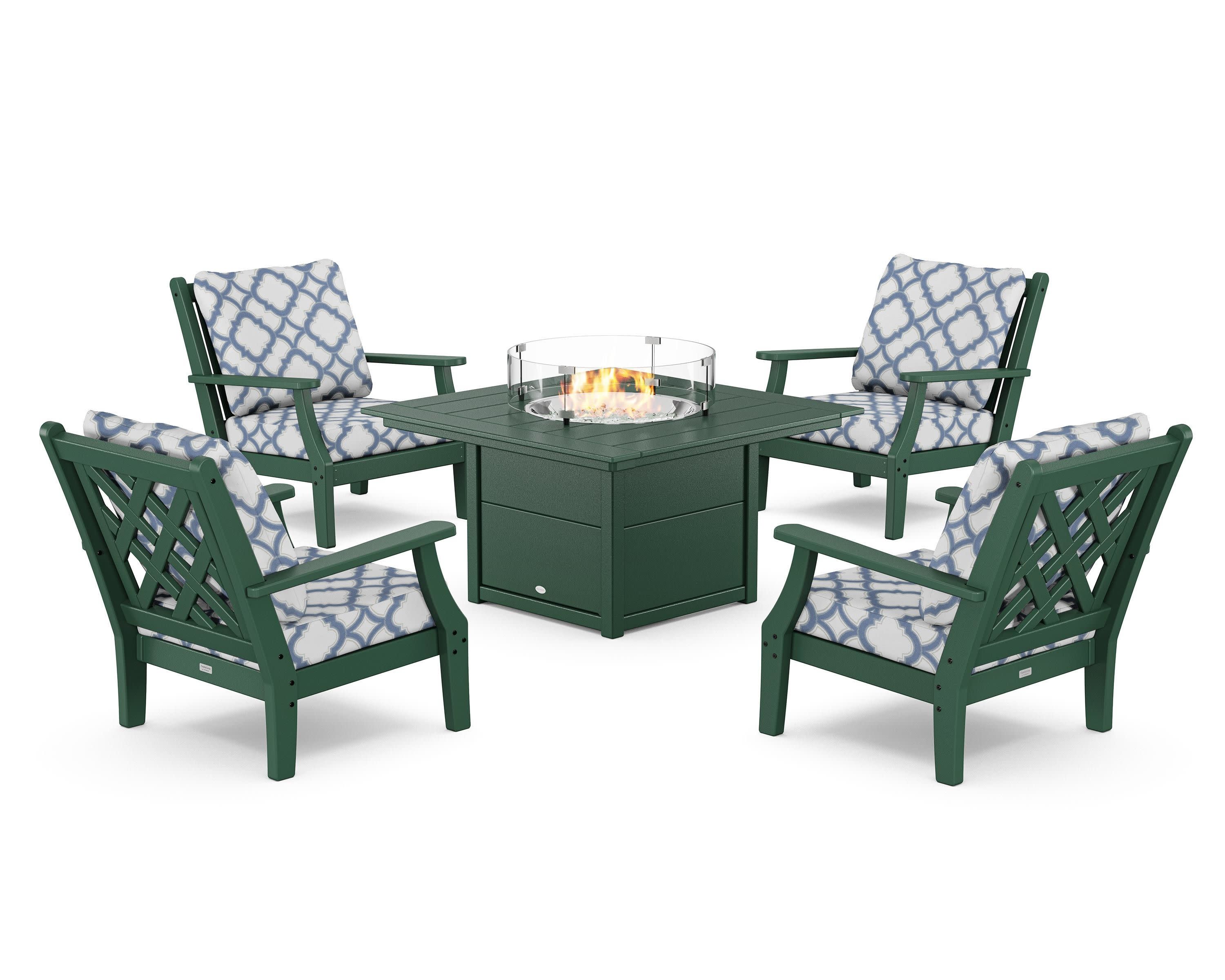 Wovendale 5-Piece Deep Seating Set with Fire Pit Table in Green / Trellis Sky Blue