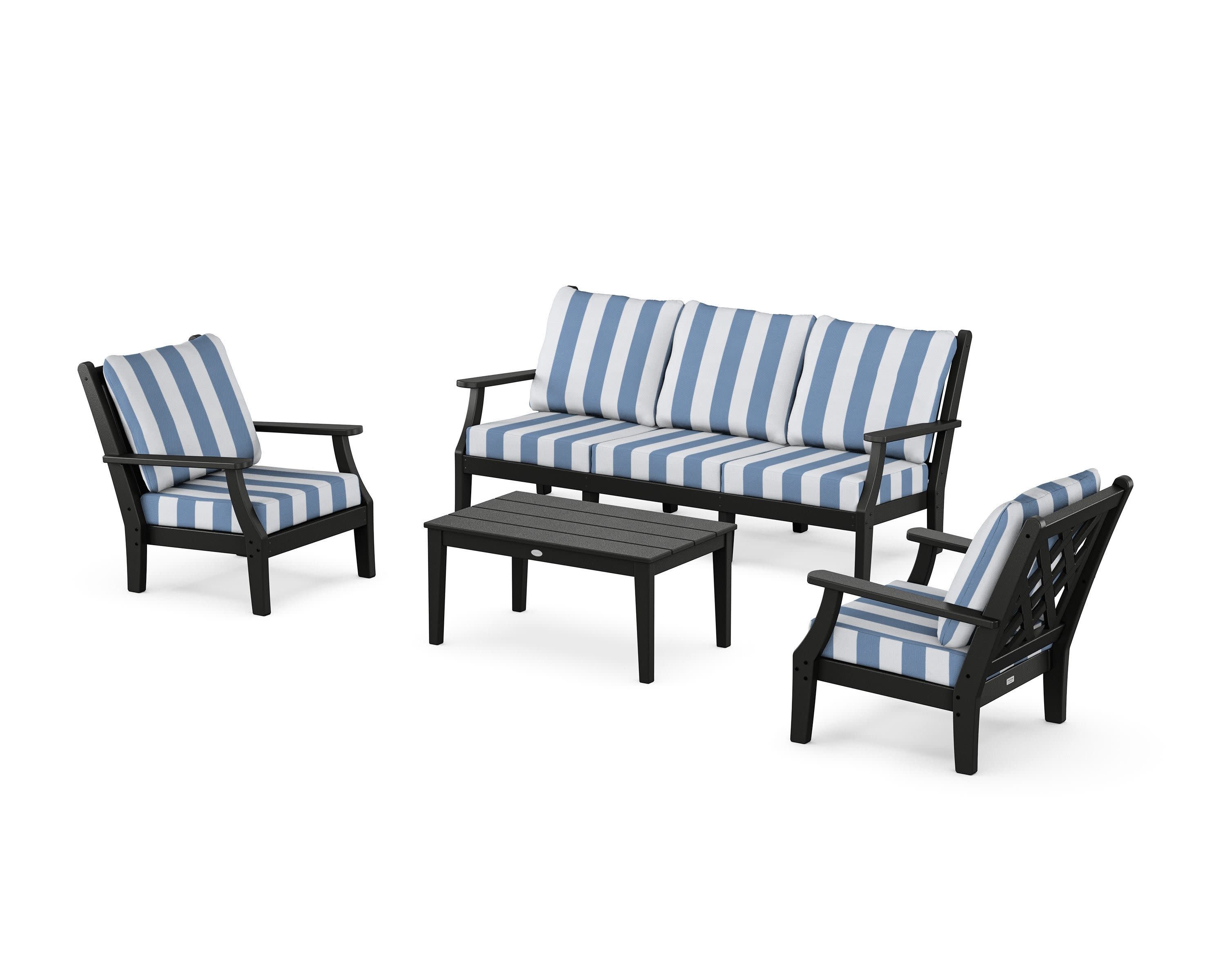 Wovendale 4-Piece Deep Seating Set with Sofa in Black / Cabana Stripe Sky Blue