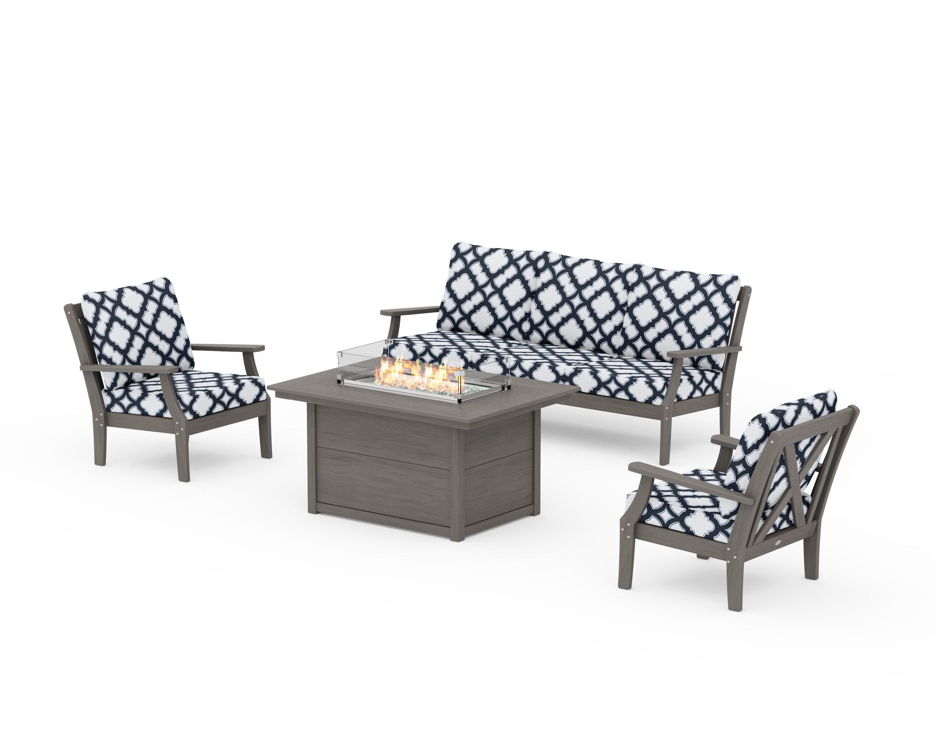 Braxton Deep Seating Fire Pit Table Set in Driftwood / Trellis Marine Indigo