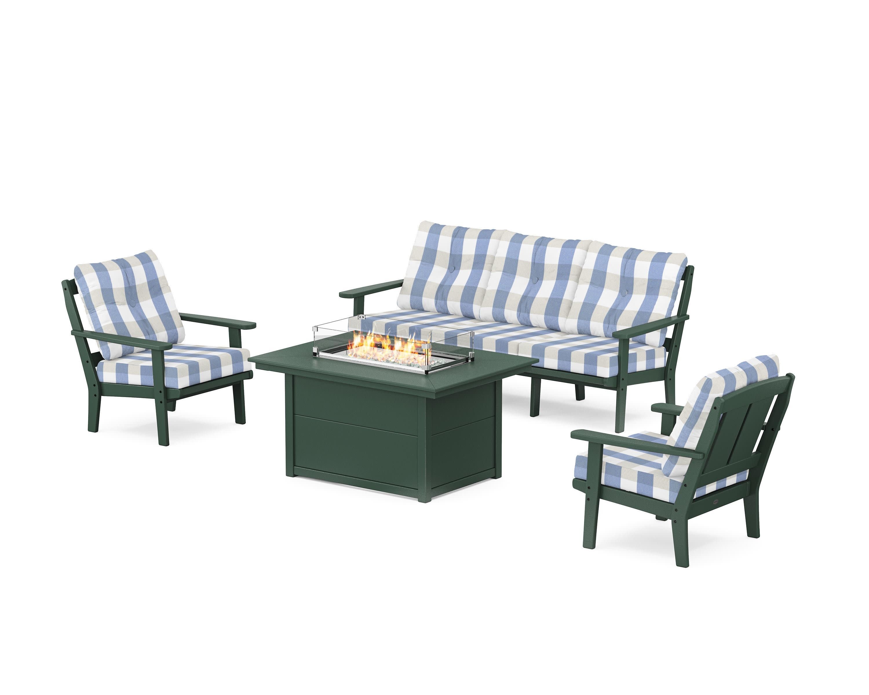 Mission Deep Seating Fire Pit Table Set in Green / Buffalo Plaid Sky Blue