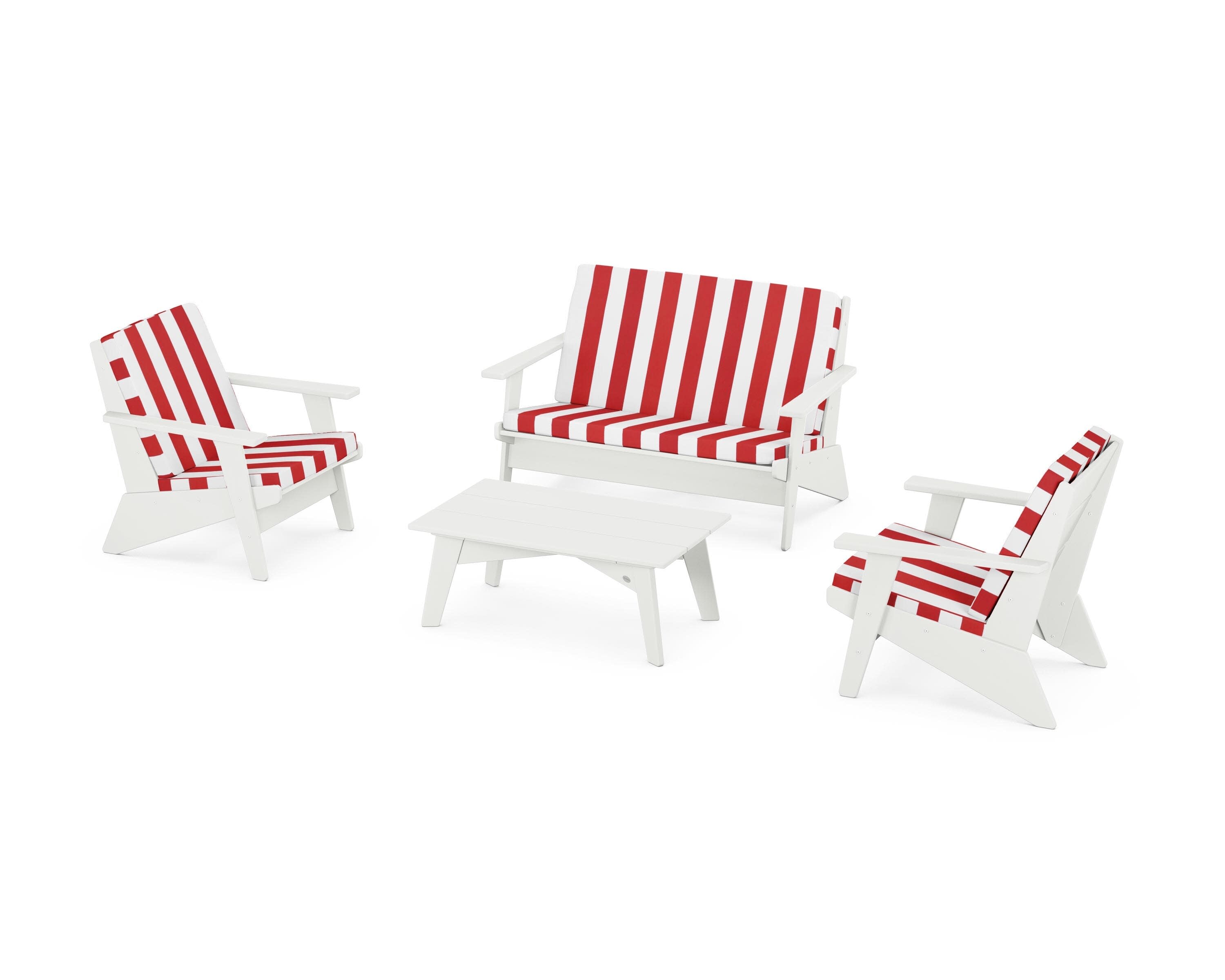 Riviera Modern Lounge 4-Piece Set in Vintage White / Cabana Stripe Crimson