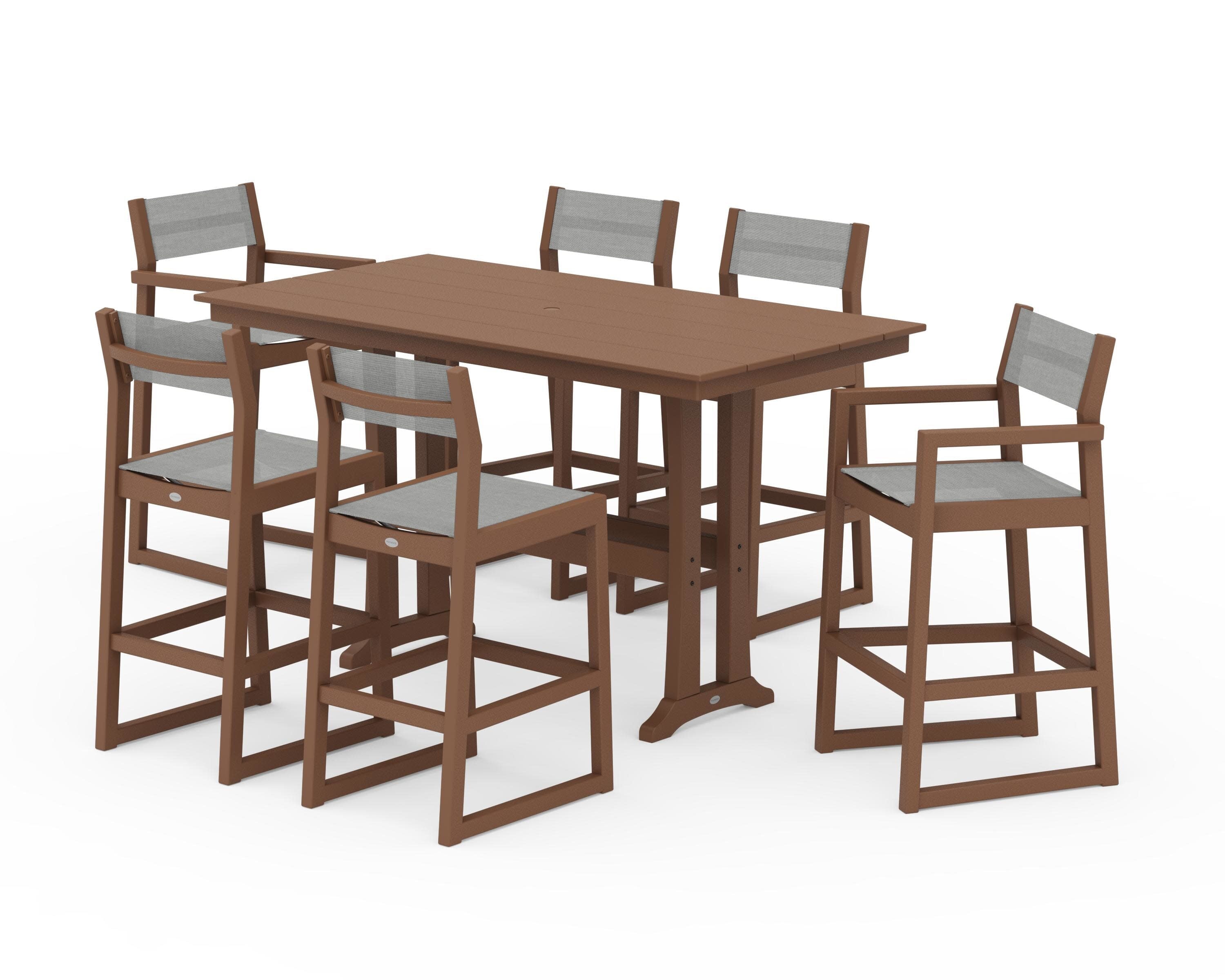 EDGE Sling 7-Piece Farmhouse Bar Set with Trestle Legs in Teak / Metallic Sling