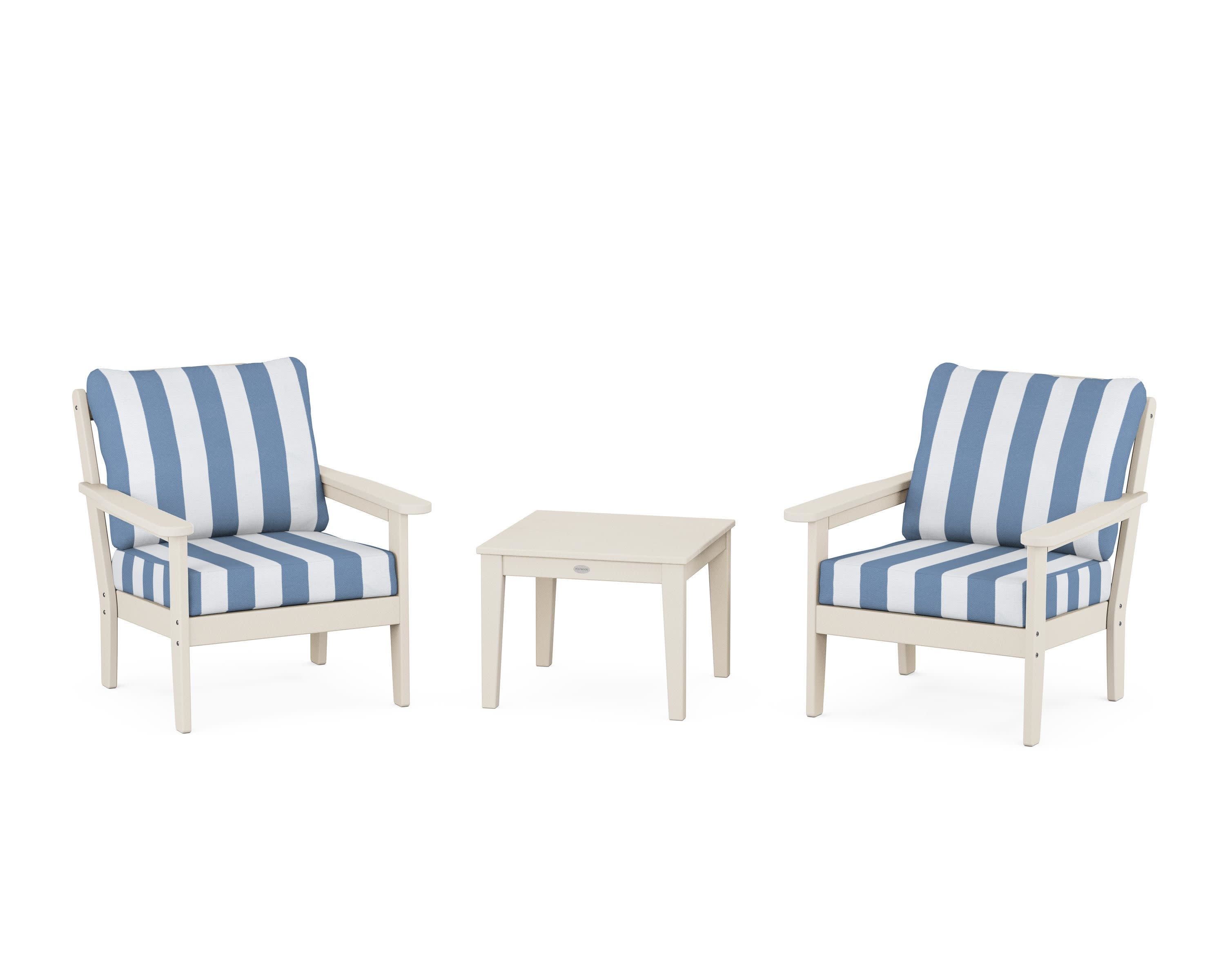 Cottage 3-Piece Deep Seating Set in Sand / Cabana Stripe Sky Blue