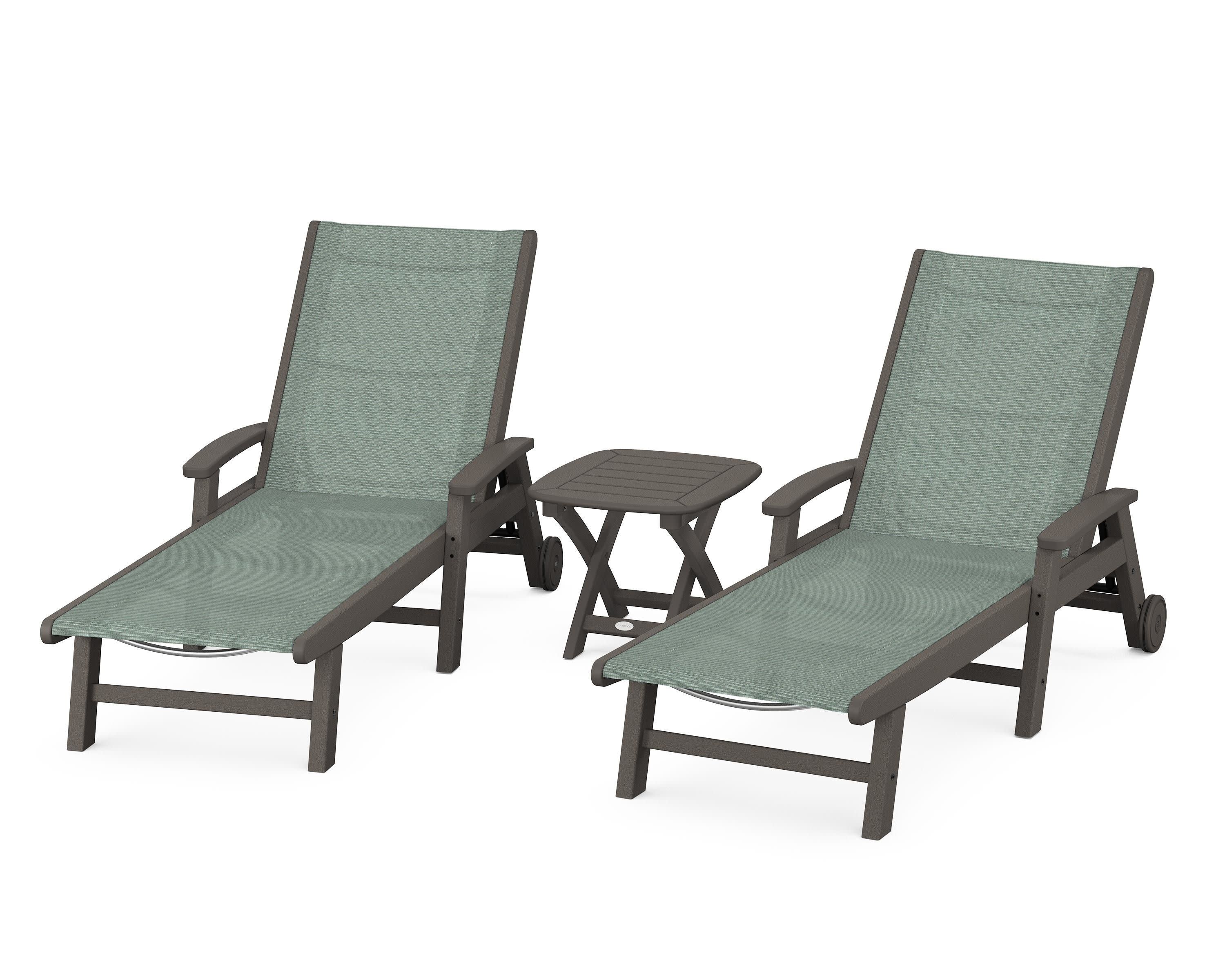 Coastal 3-Piece Wheeled Chaise Set in Vintage Coffee / Dupioni Sea Mist Sling