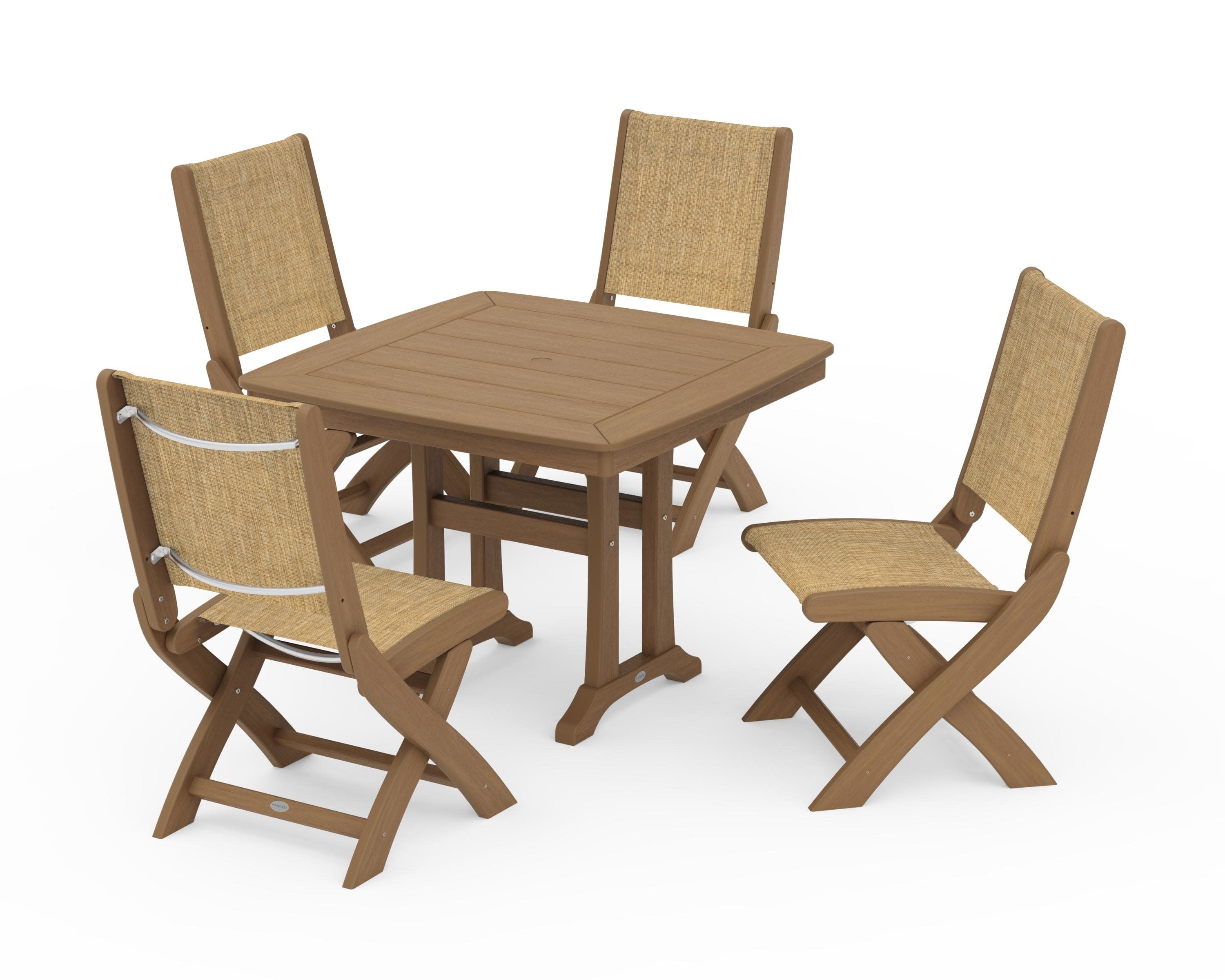Coastal Folding Side Chair 5-Piece Dining Set with Trestle Legs in Natural / Burlap Sling