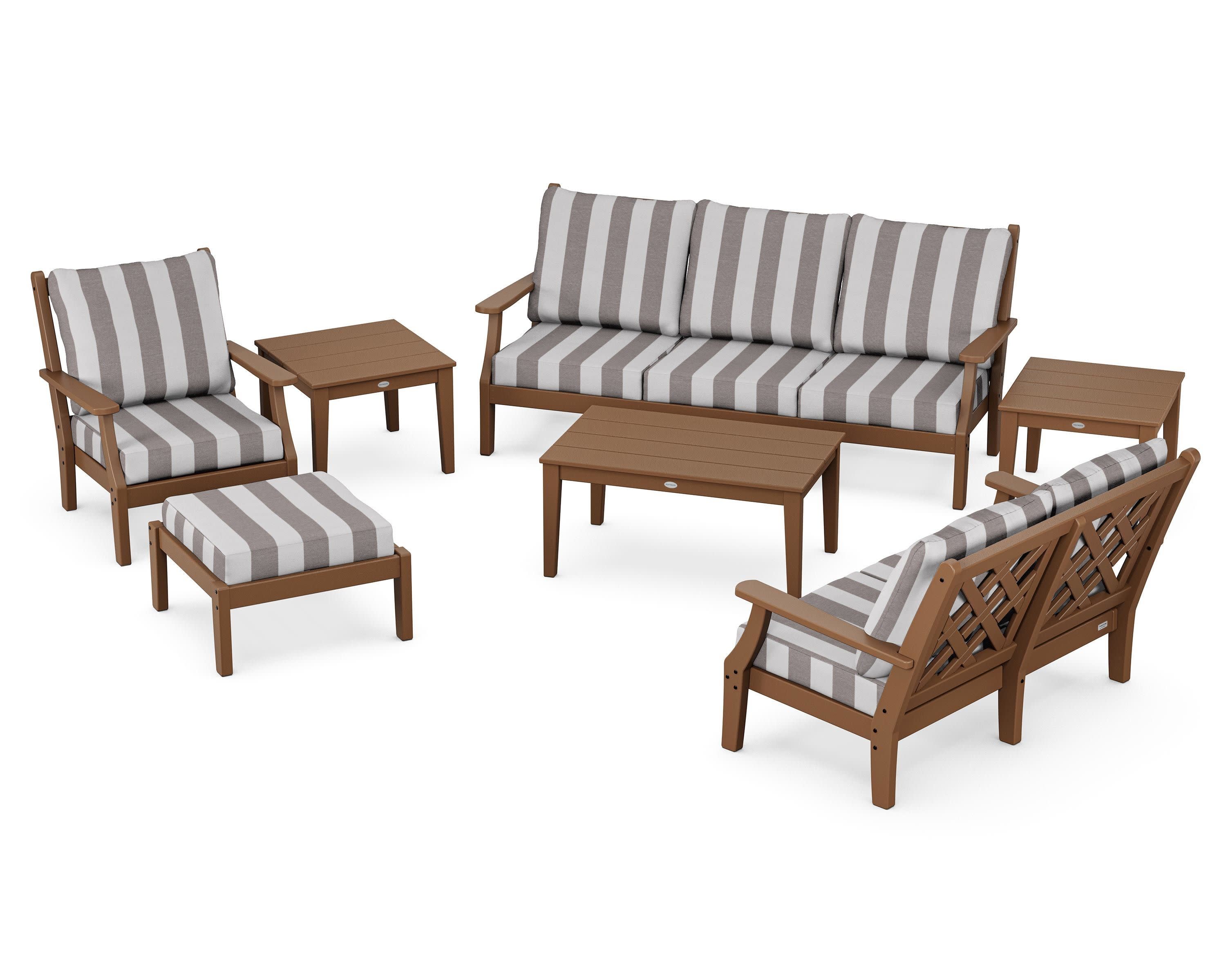 Wovendale 7-Piece Deep Seating Set in Teak / Cabana Stripe Grey Mist