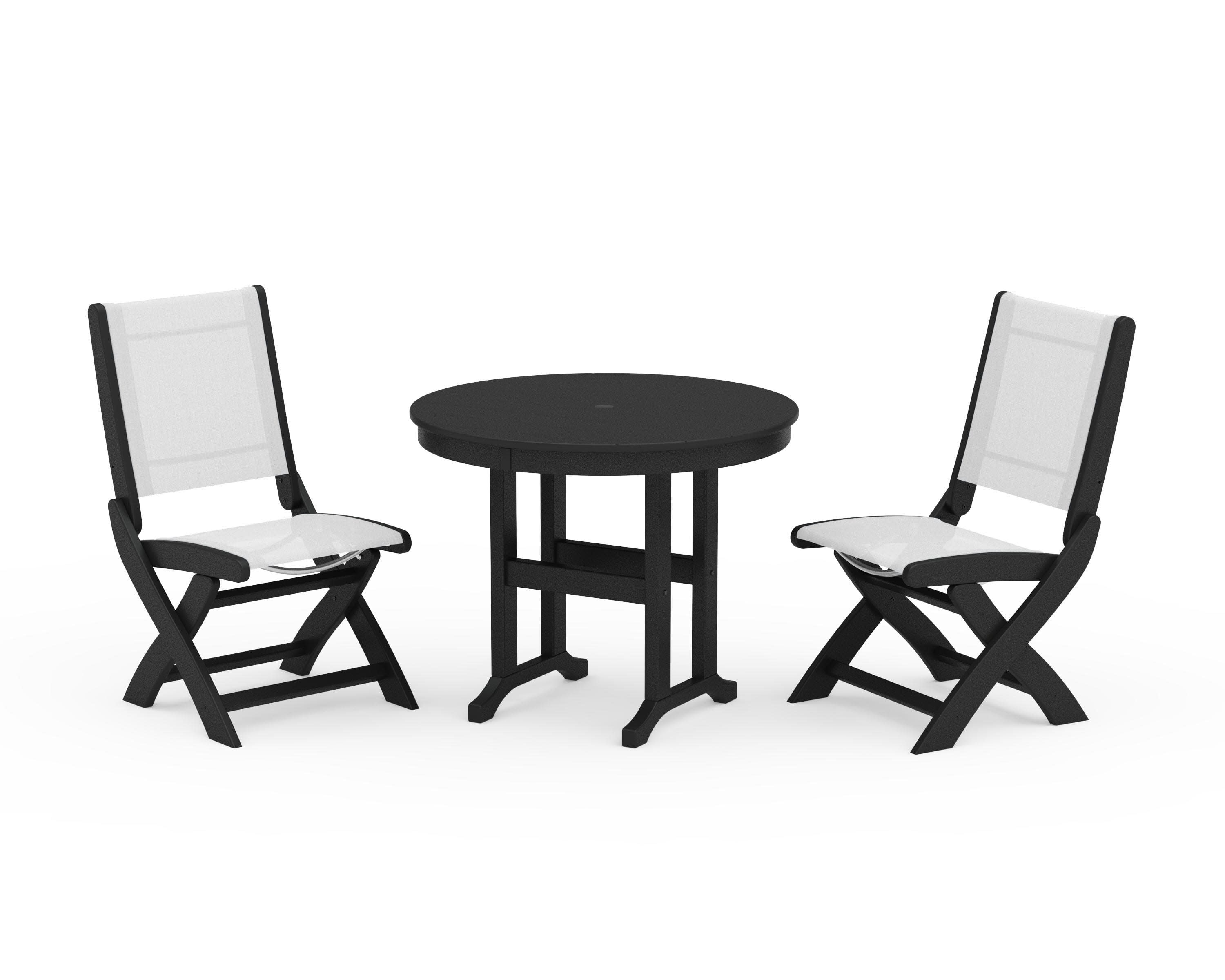 Coastal Folding Side Chair 3-Piece Round Dining Set in Black / White Sling