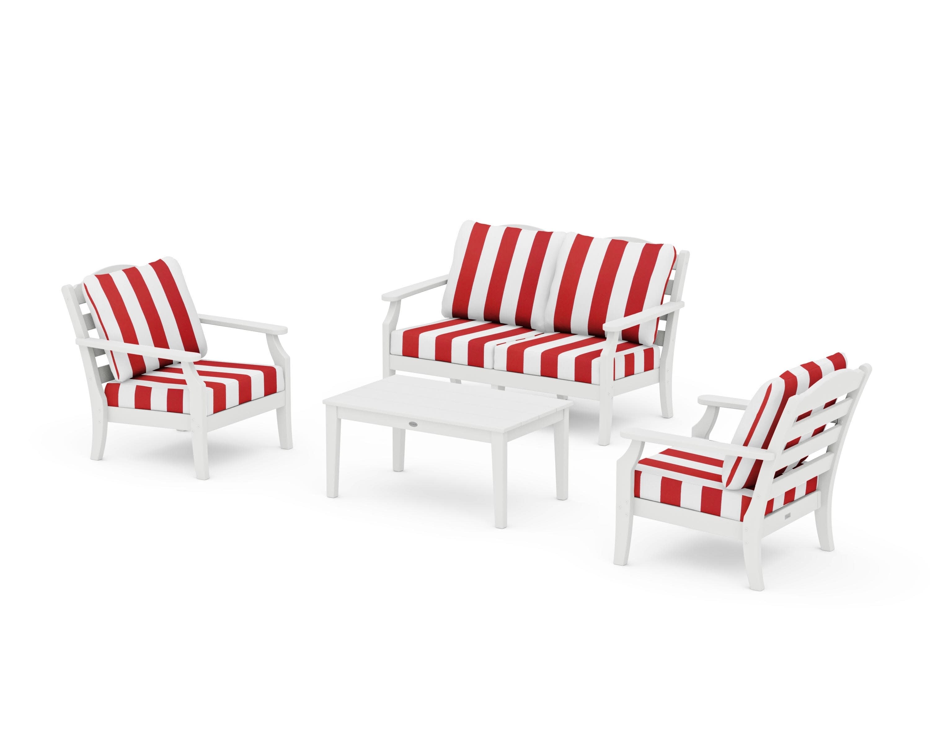 Savannah 4-Piece Deep Seating Set with Loveseat in White / Cabana Stripe Crimson