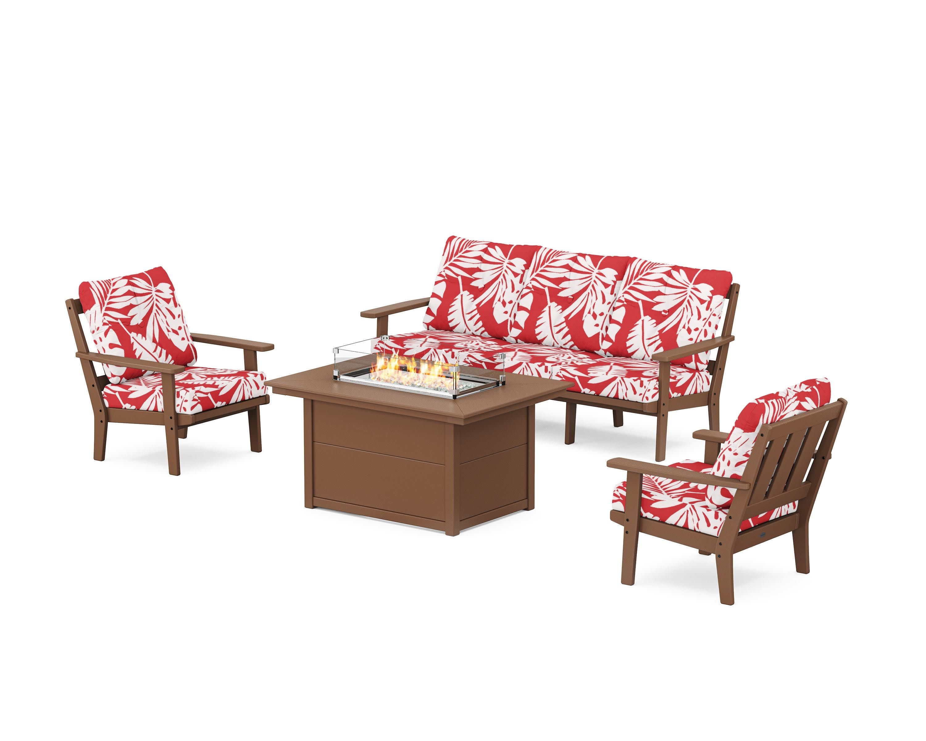 Oxford Deep Seating Fire Pit Table Set in Teak / Leaf Crimson