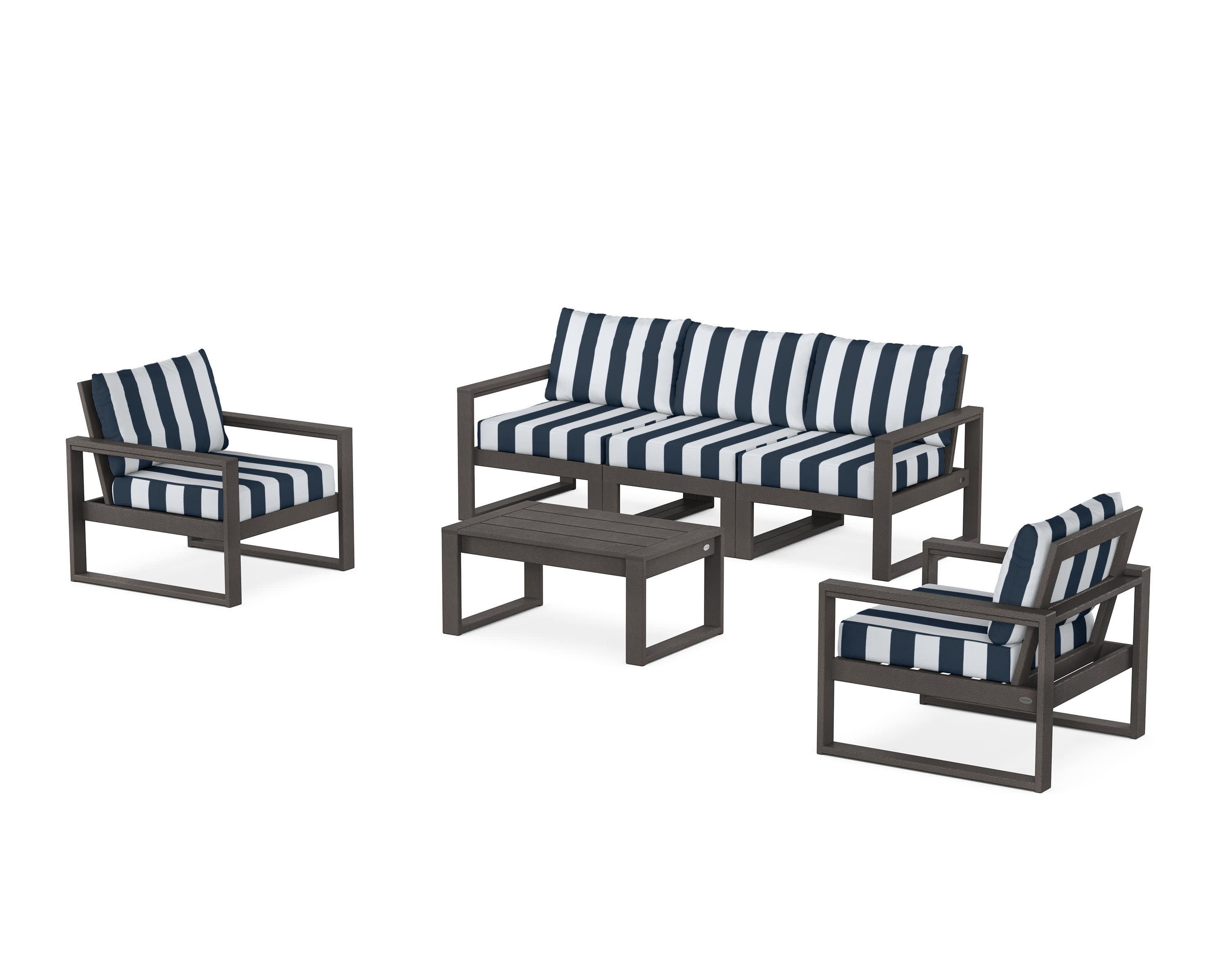 EDGE Sectional 4-Piece Deep Seating Set with Sofa in Vintage Coffee / Cabana Stripe Marine Indigo