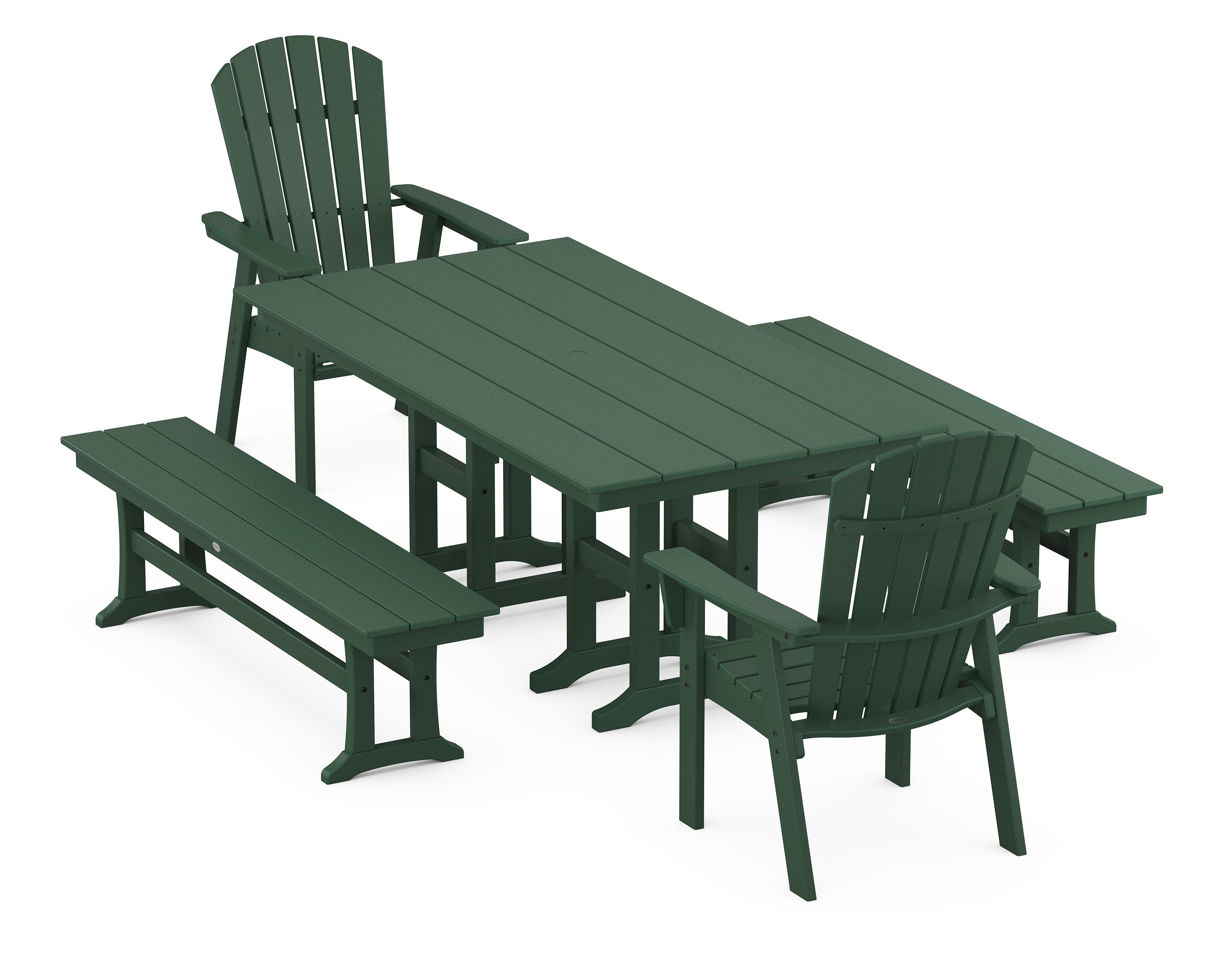 Nautical Curveback Adirondack 5-Piece Farmhouse Dining Set with Benches in Green