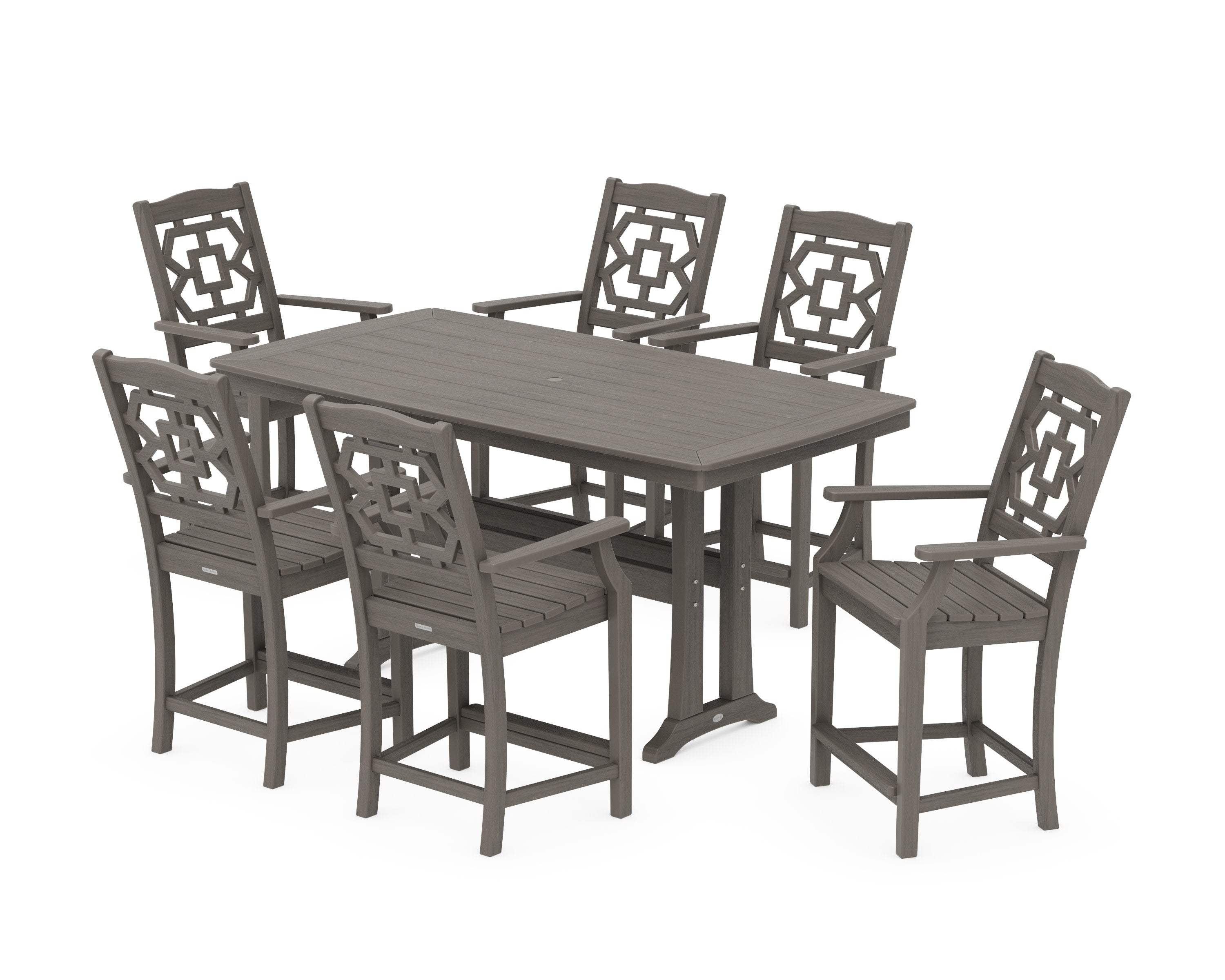 Chinoiserie Arm Chair 7-Piece Counter Set with Trestle Legs in Driftwood
