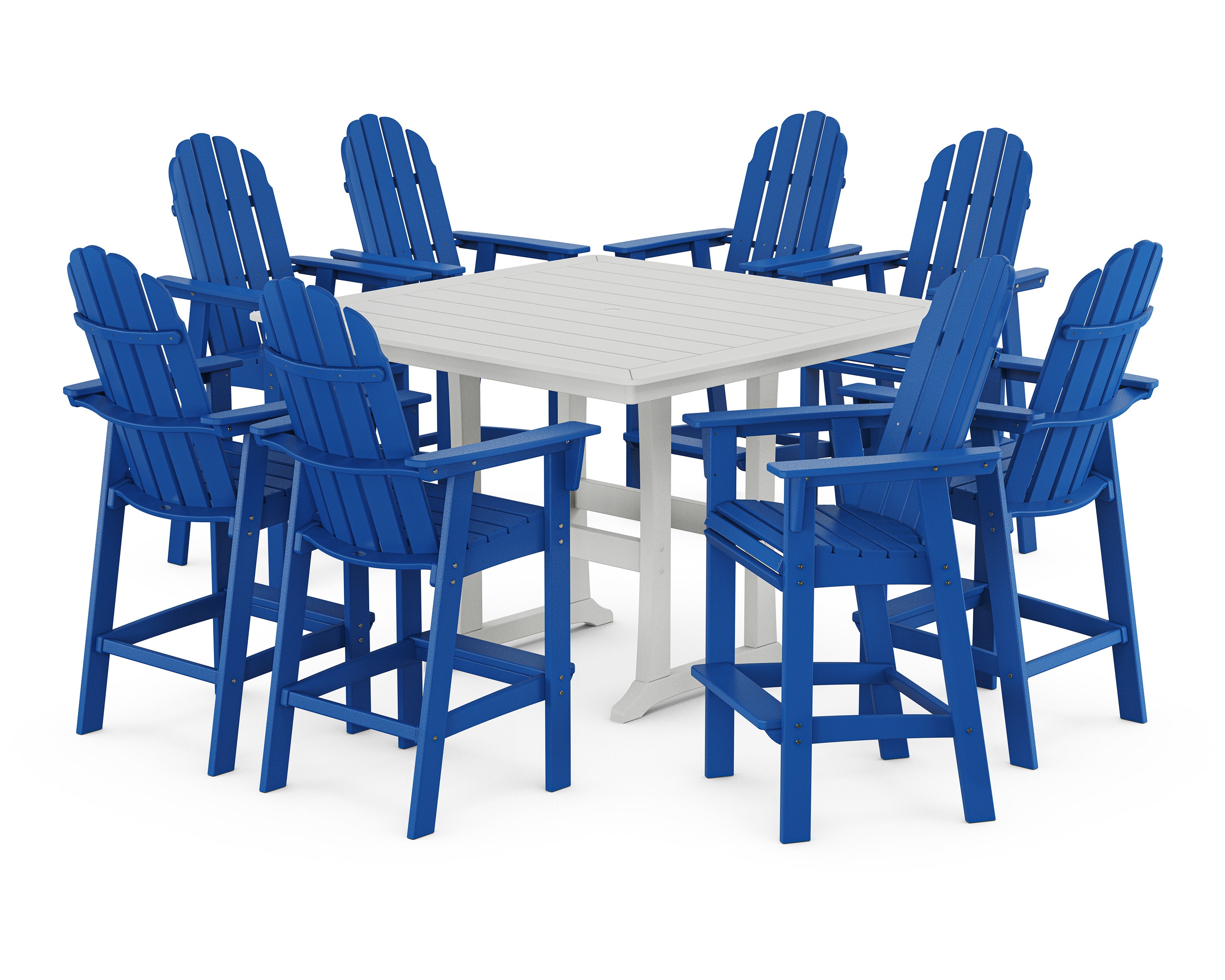 Vineyard Curveback Adirondack 9-Piece Trestle Bar Set in Pacific Blue / White