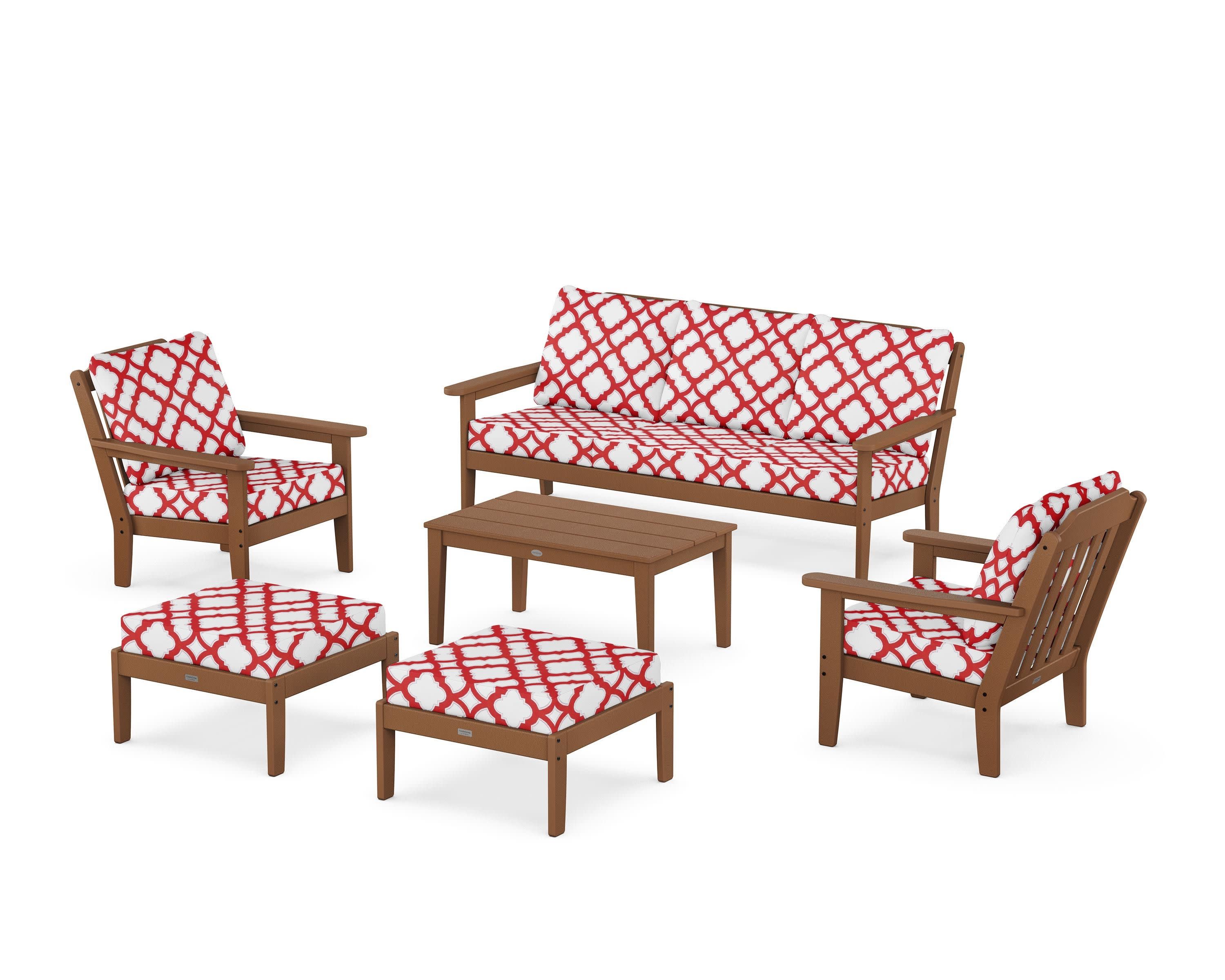 Cottage 6-Piece Lounge Sofa Set in Teak / Trellis Crimson