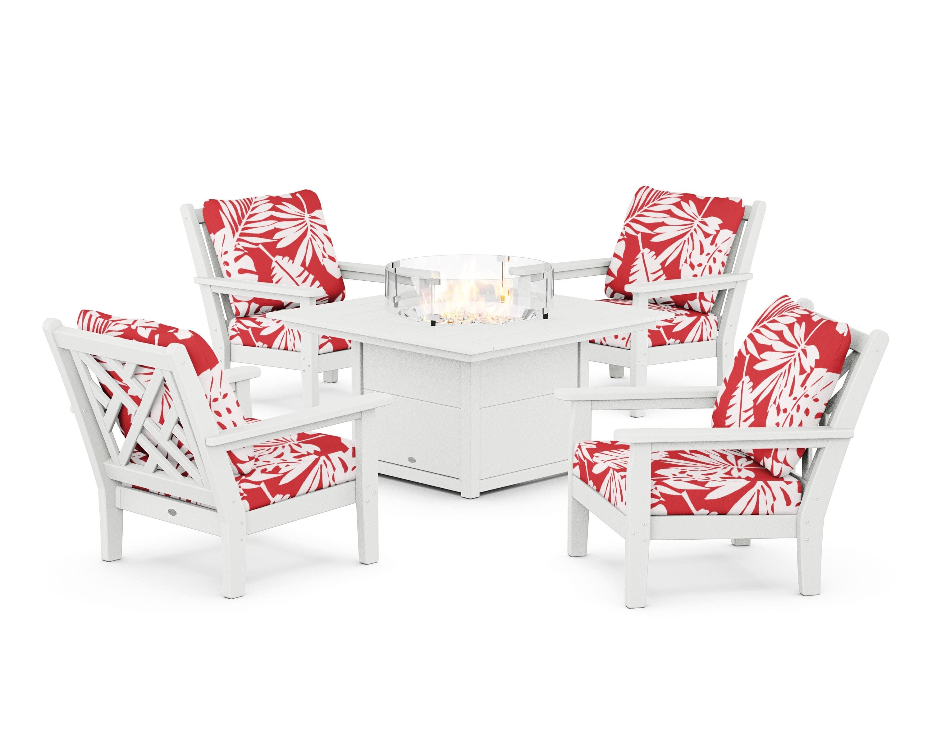 Chippendale 5-Piece Deep Seating Set with Fire Pit Table in White / Leaf Crimson