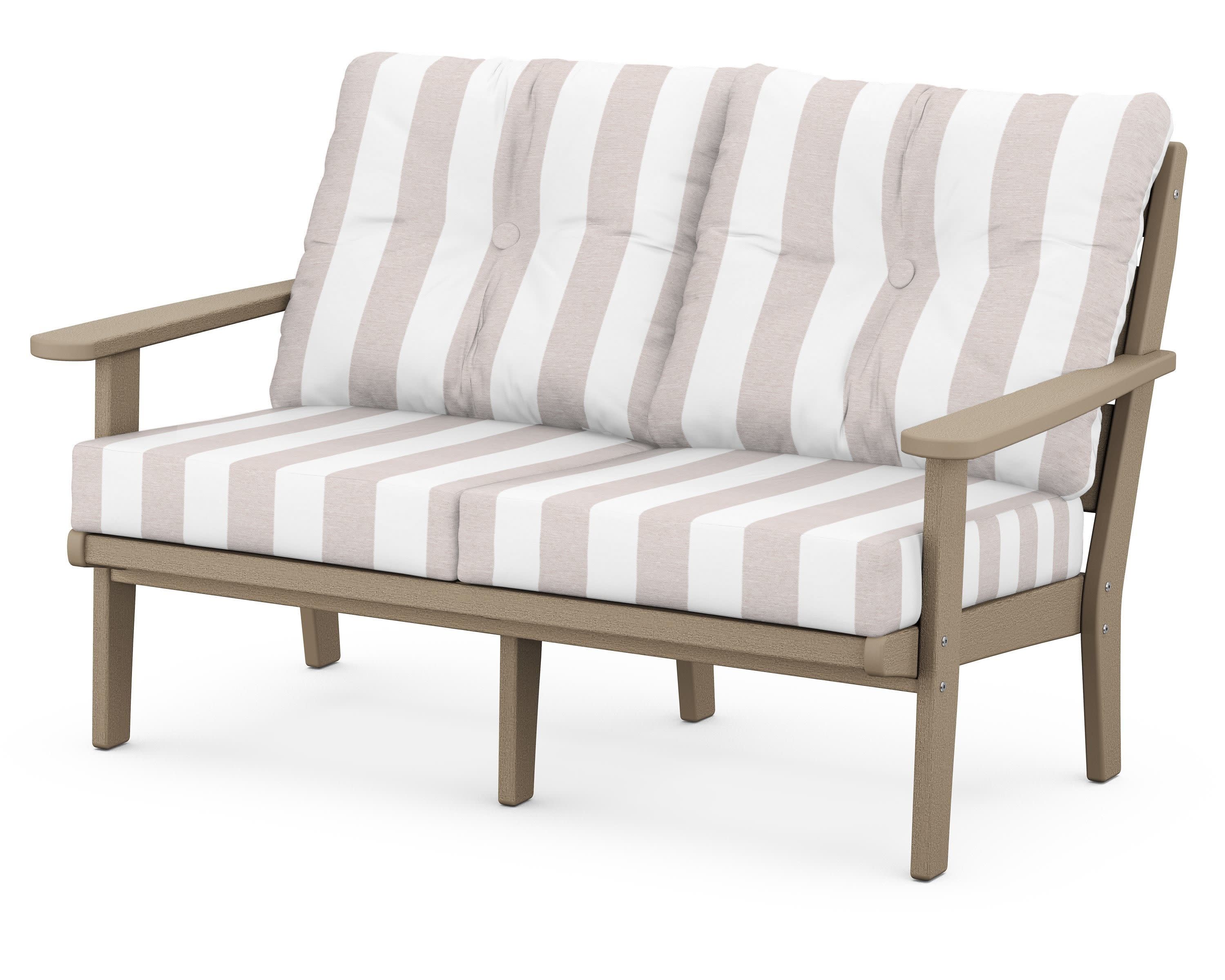 Lakeside Deep Seating Loveseat in Vintage Sahara / Cabana Stripe Dune Burlap