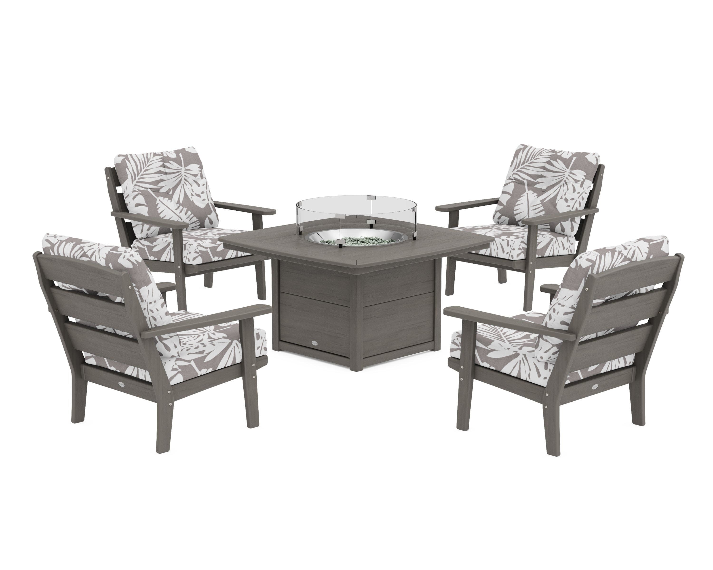 Lakeside 5-Piece Deep Seating Set with Nautical Fire Pit Table in Driftwood / Leaf Grey Mist