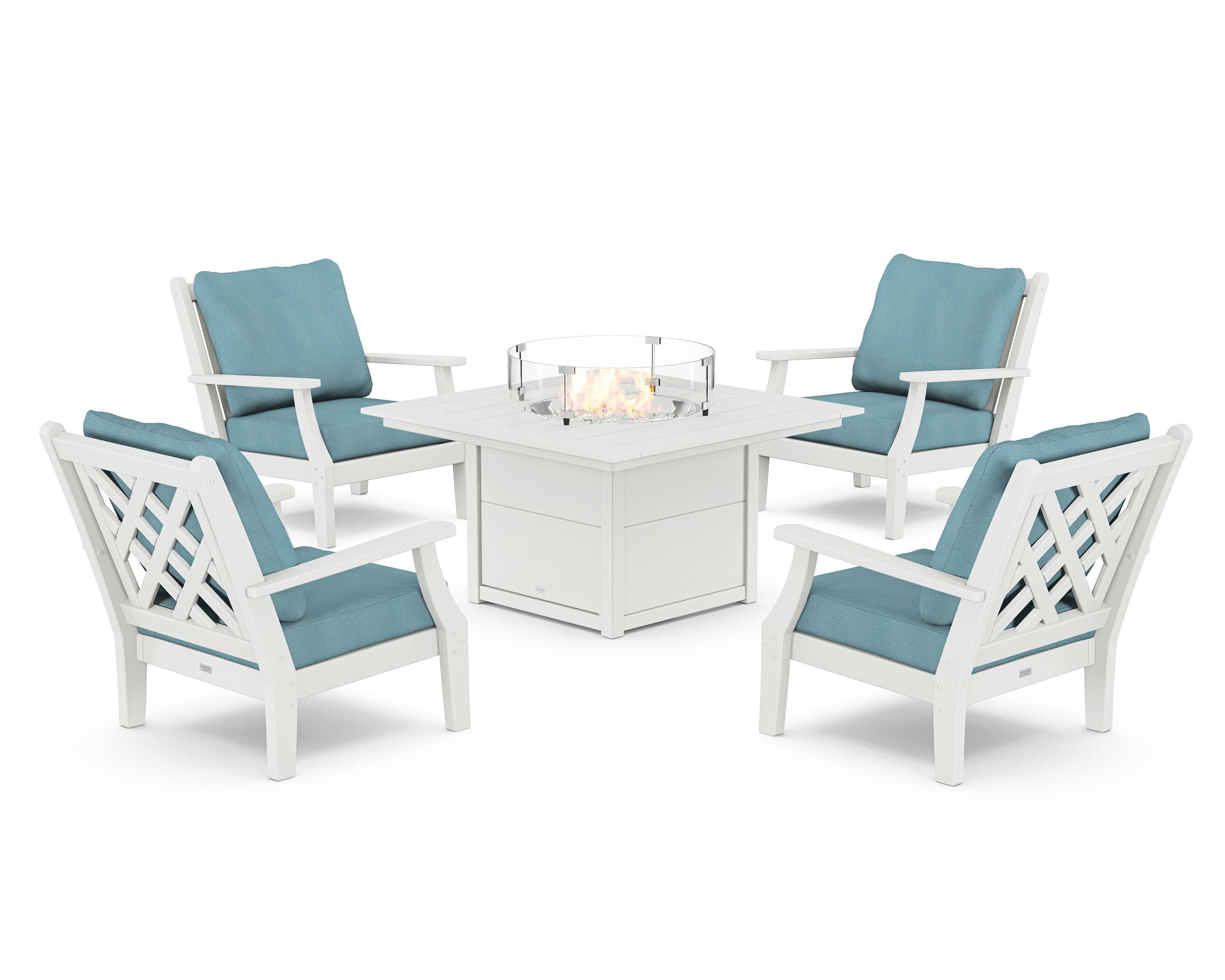 Wovendale 5-Piece Deep Seating Set with Fire Pit Table in White / Lattice Sky Blue