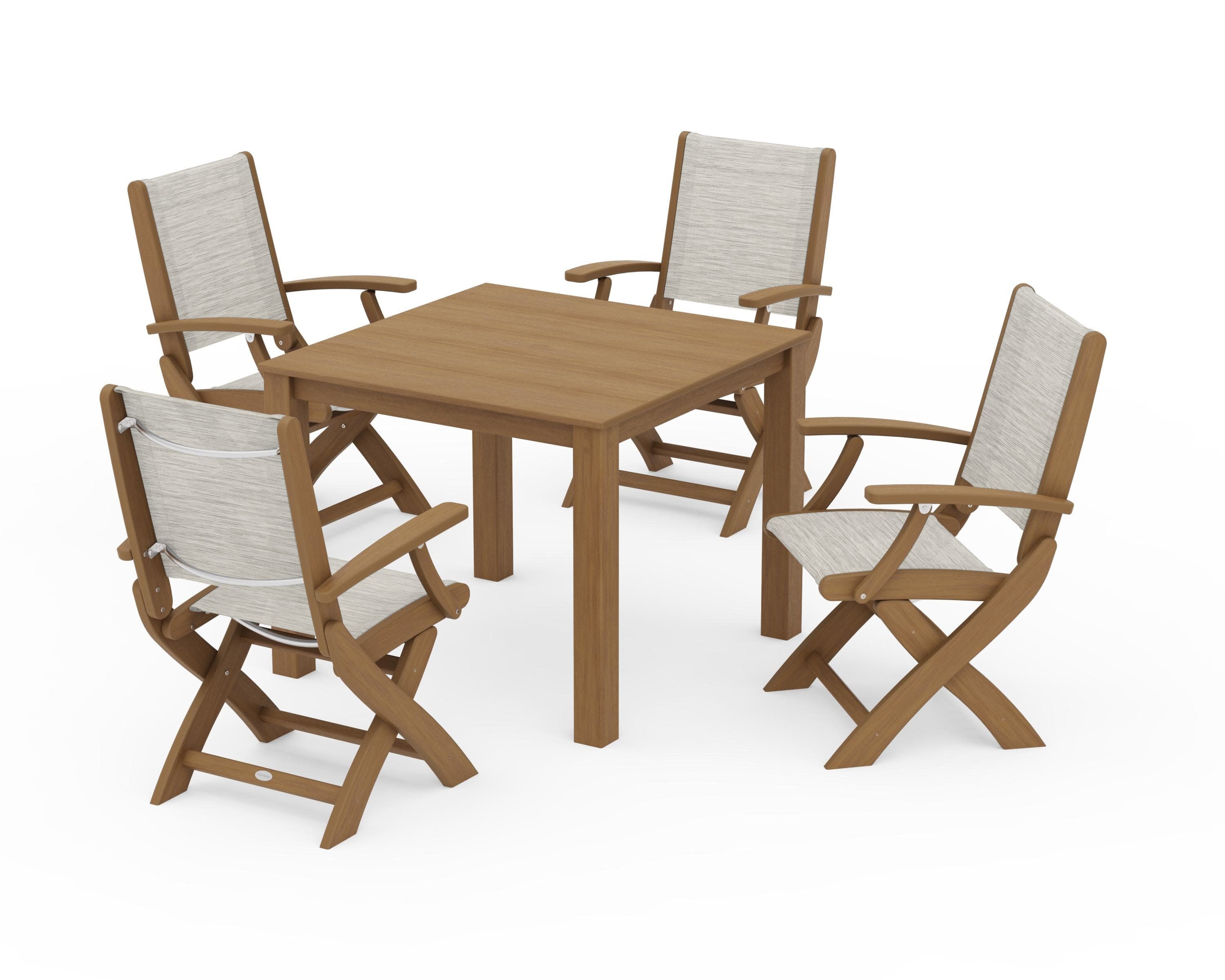 Coastal Folding Chair 5-Piece Parsons Dining Set in Natural / Birch Sling