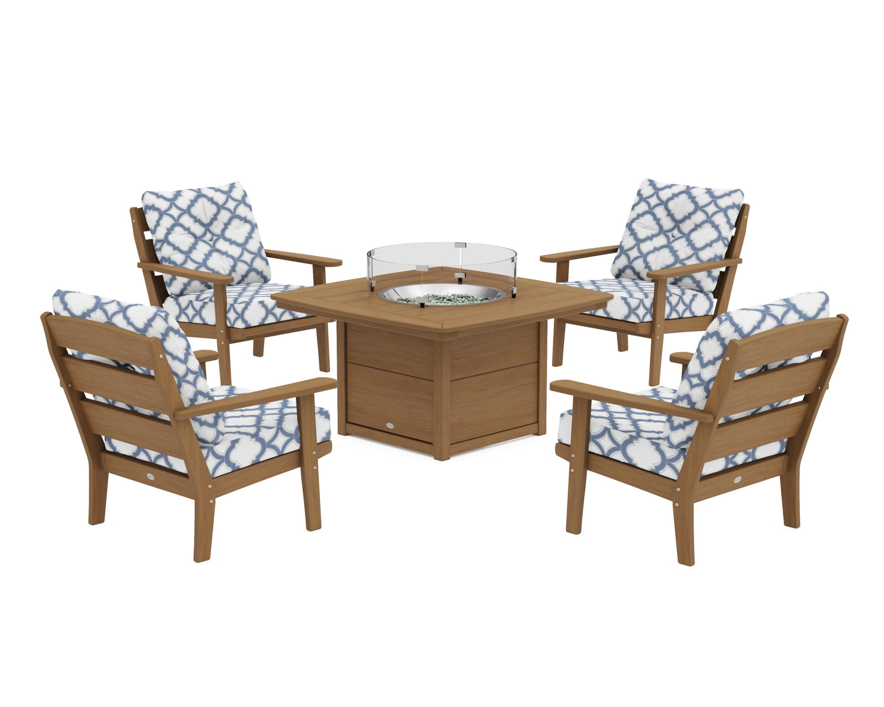 Lakeside 5-Piece Deep Seating Set with Nautical Fire Pit Table in Natural / Trellis Sky Blue