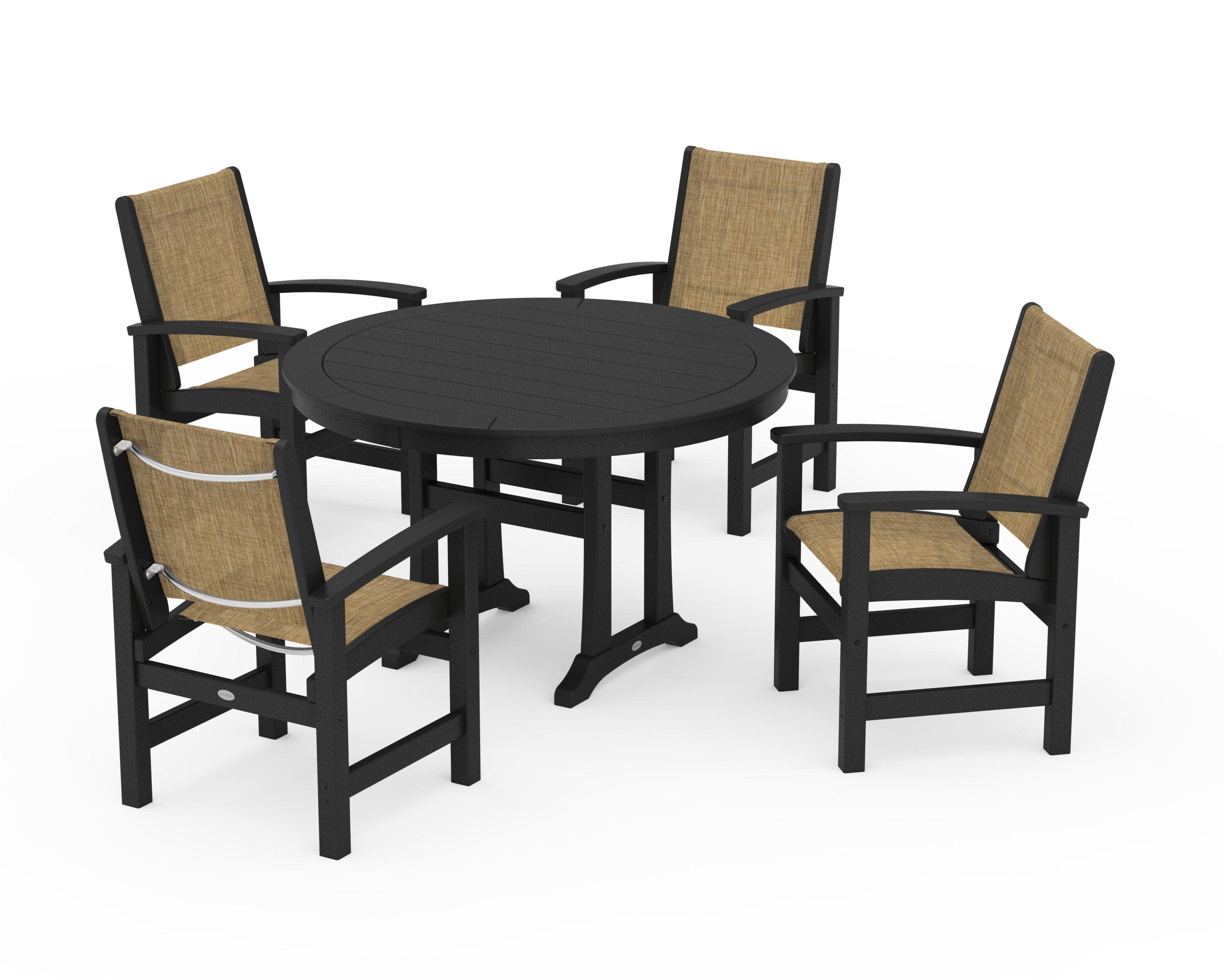 Coastal 5-Piece Round Dining Set with Trestle Legs in Black / Burlap Sling