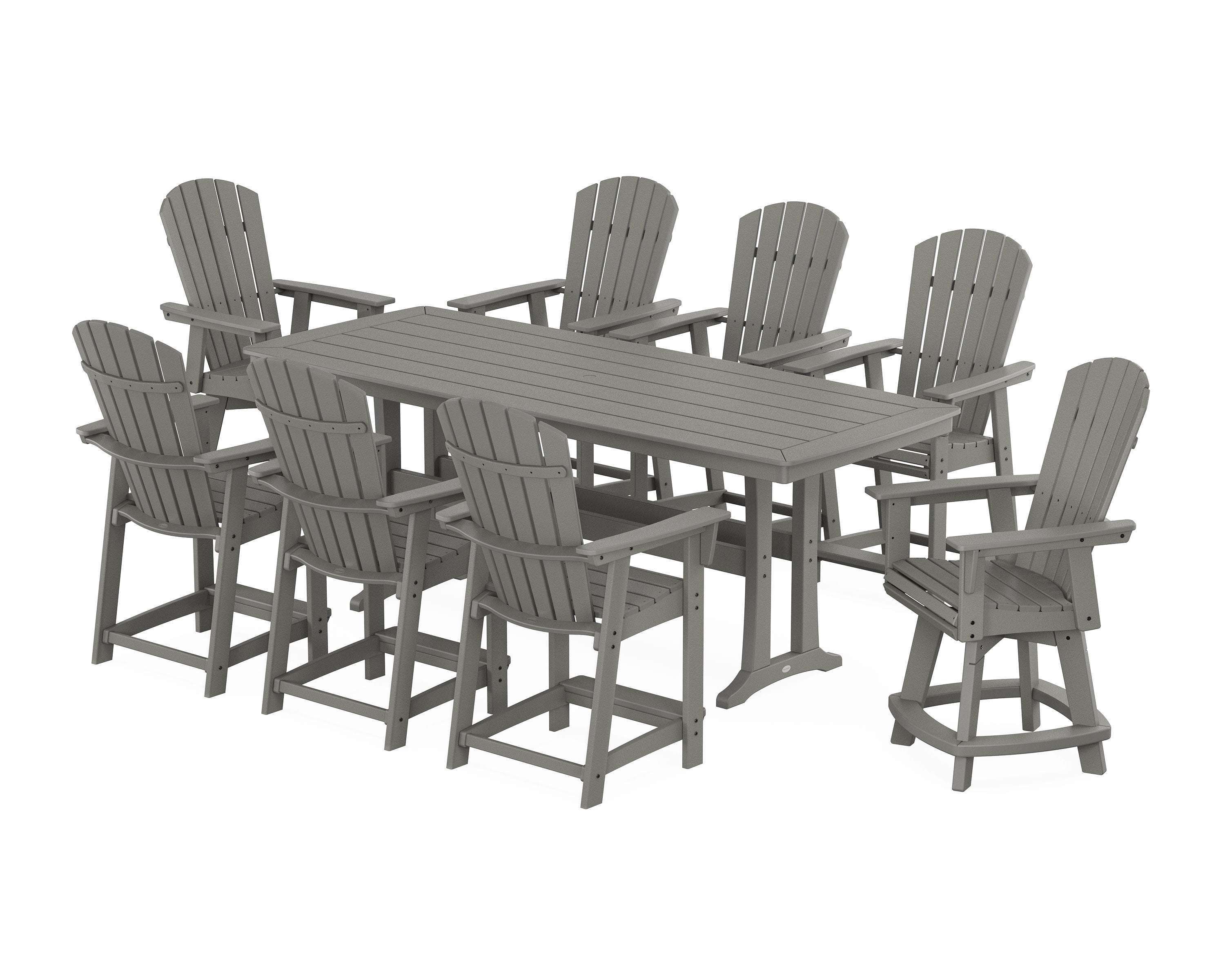 Nautical Curveback Adirondack Swivel 9-Piece Counter Set with Trestle Legs in Slate Grey