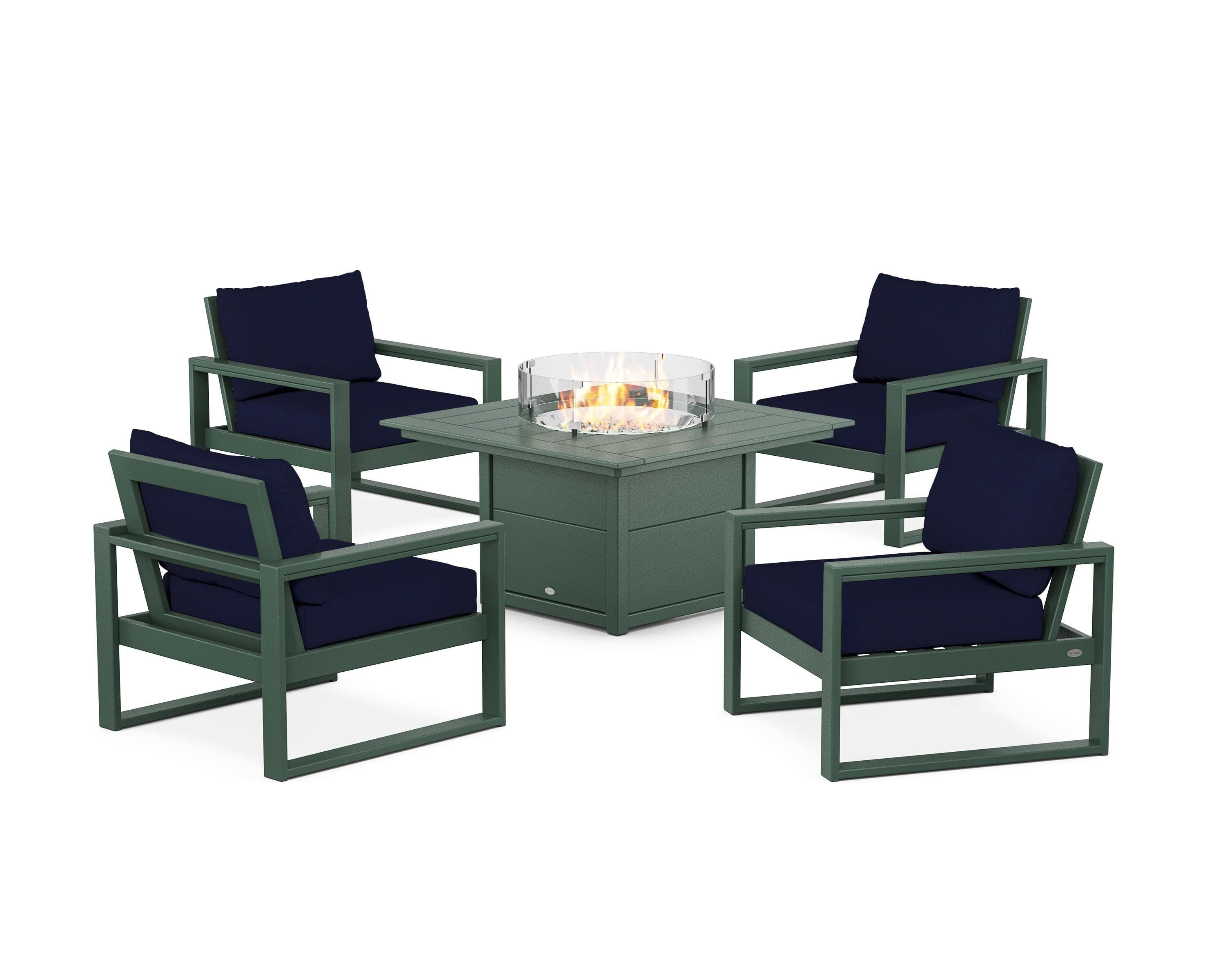 EDGE Sectional 5-Piece Deep Seating Set with Fire Pit Table in Green / Navy