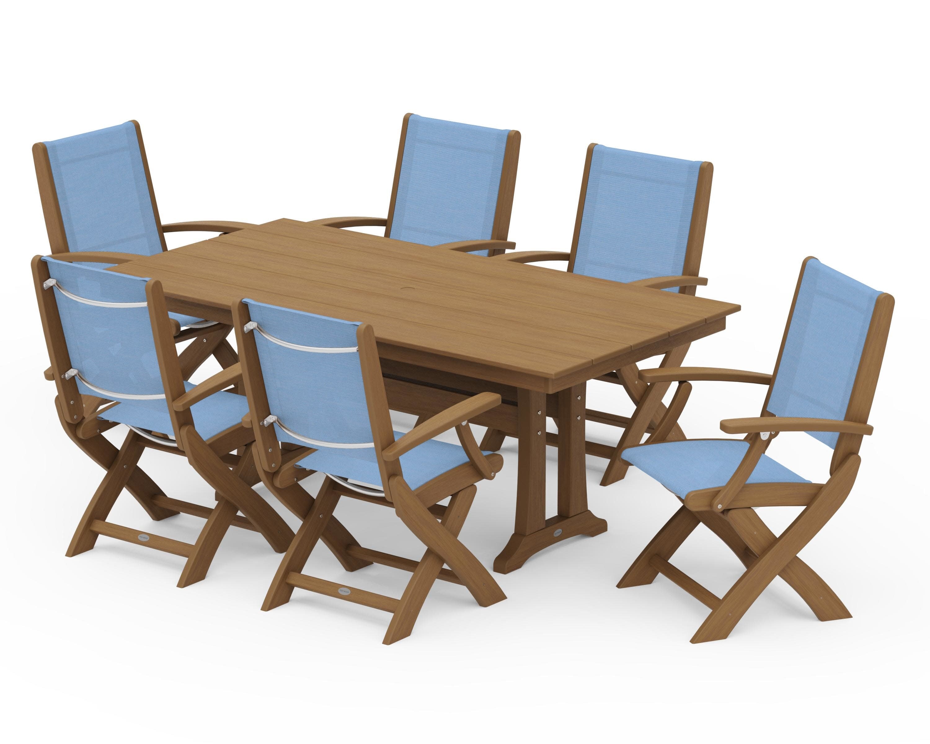 Coastal Folding Arm Chair 7-Piece Farmhouse Dining Set with Trestle Legs in Natural / Poolside Sling