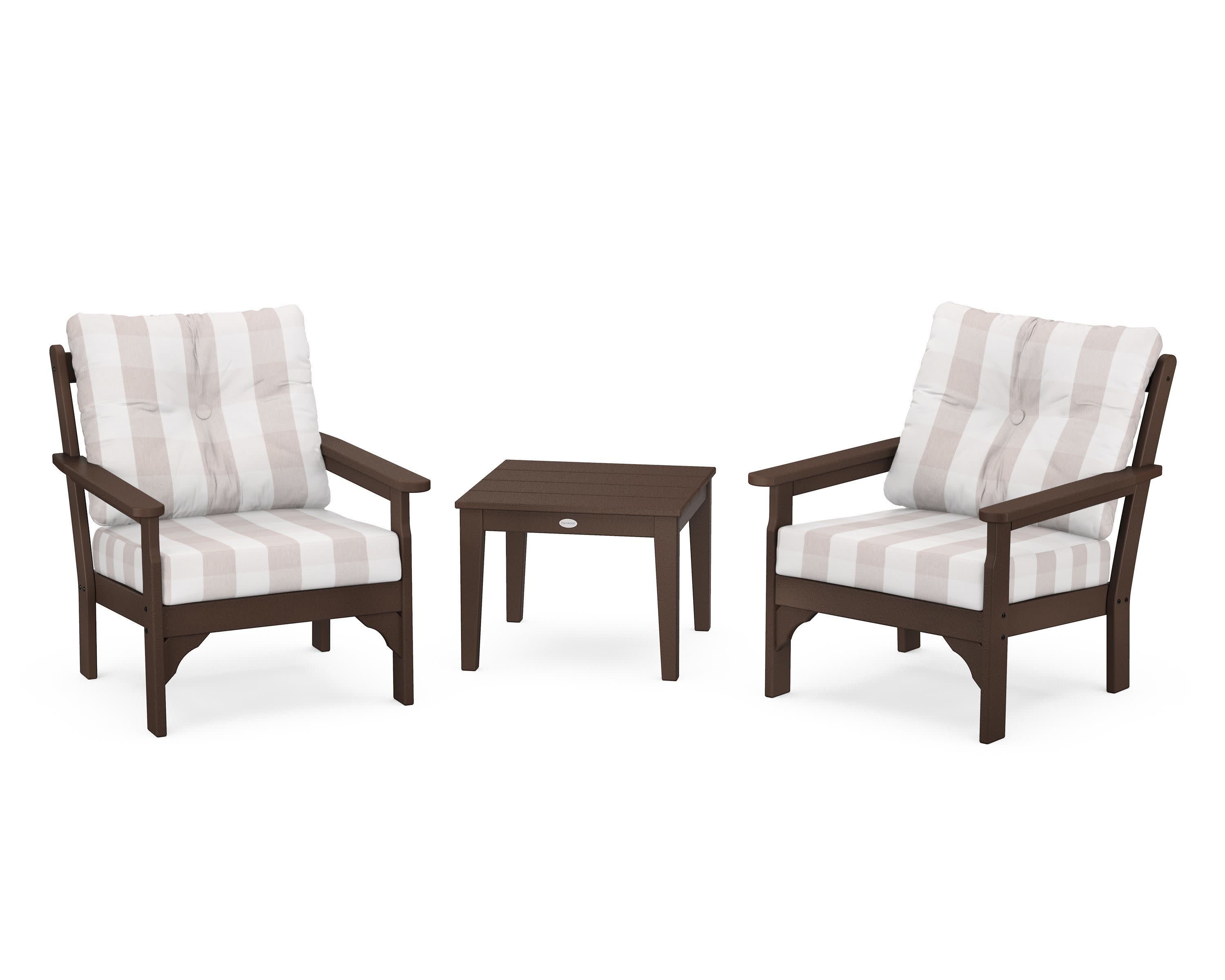 Vineyard 3-Piece Deep Seating Set in Mahogany / Buffalo Plaid Dune Burlap