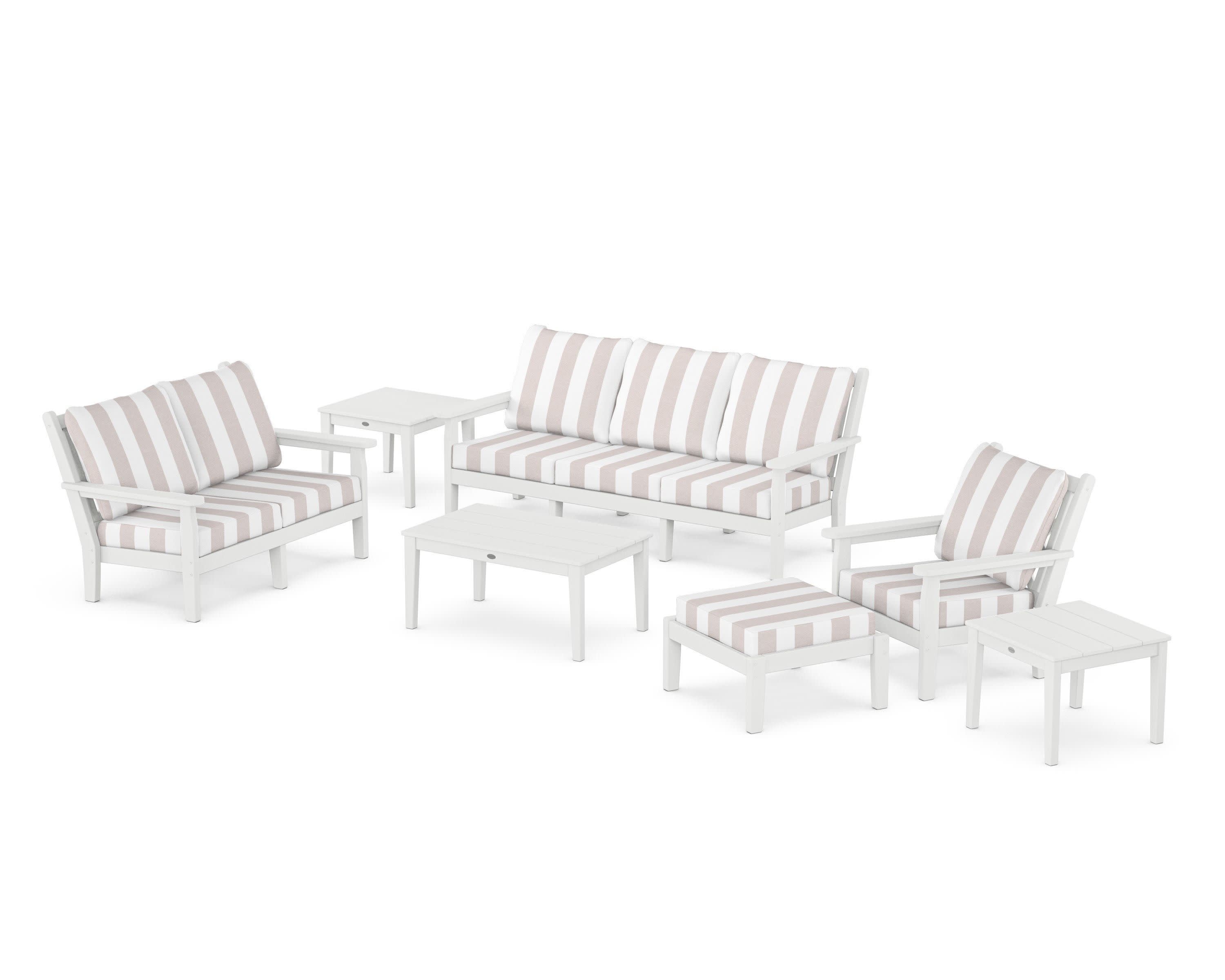 Chippendale 7-Piece Deep Seating Set in White / Cabana Stripe Dune Burlap