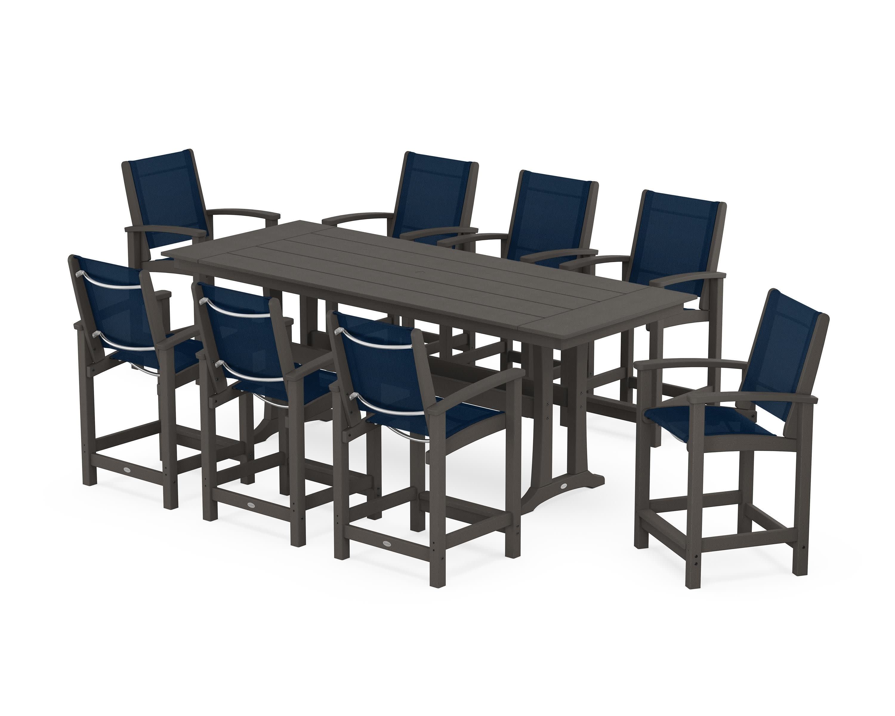 Coastal 9-Piece Farmhouse Counter Set with Trestle Legs in Vintage Coffee / Navy Blue Sling