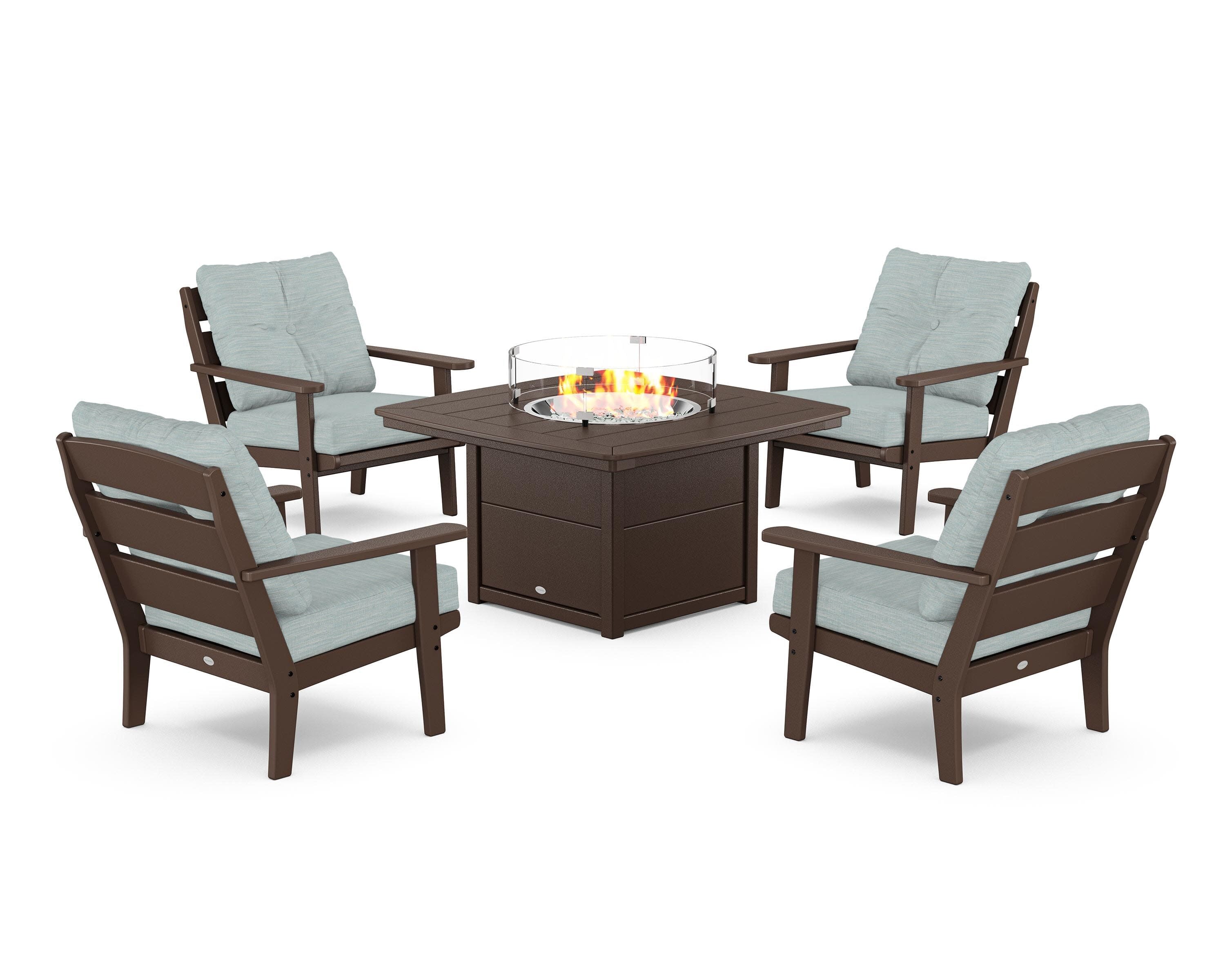 Lakeside 5-Piece Deep Seating Set with Nautical Fire Pit Table in Mahogany / Soothe Mist