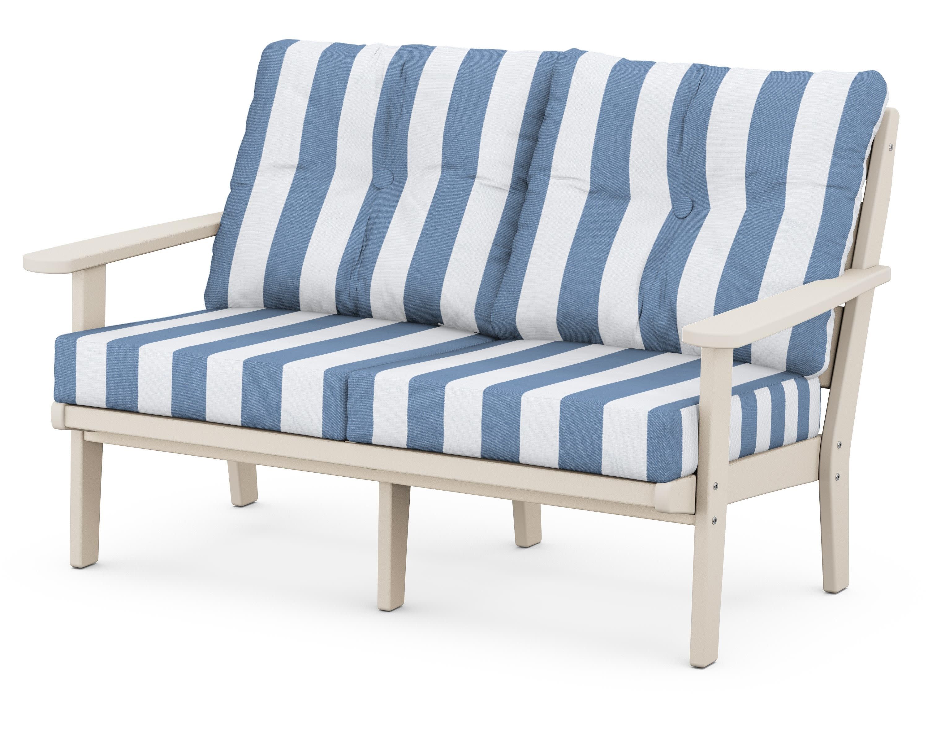 Lakeside Deep Seating Loveseat in Sand / Cabana Stripe Sky Blue