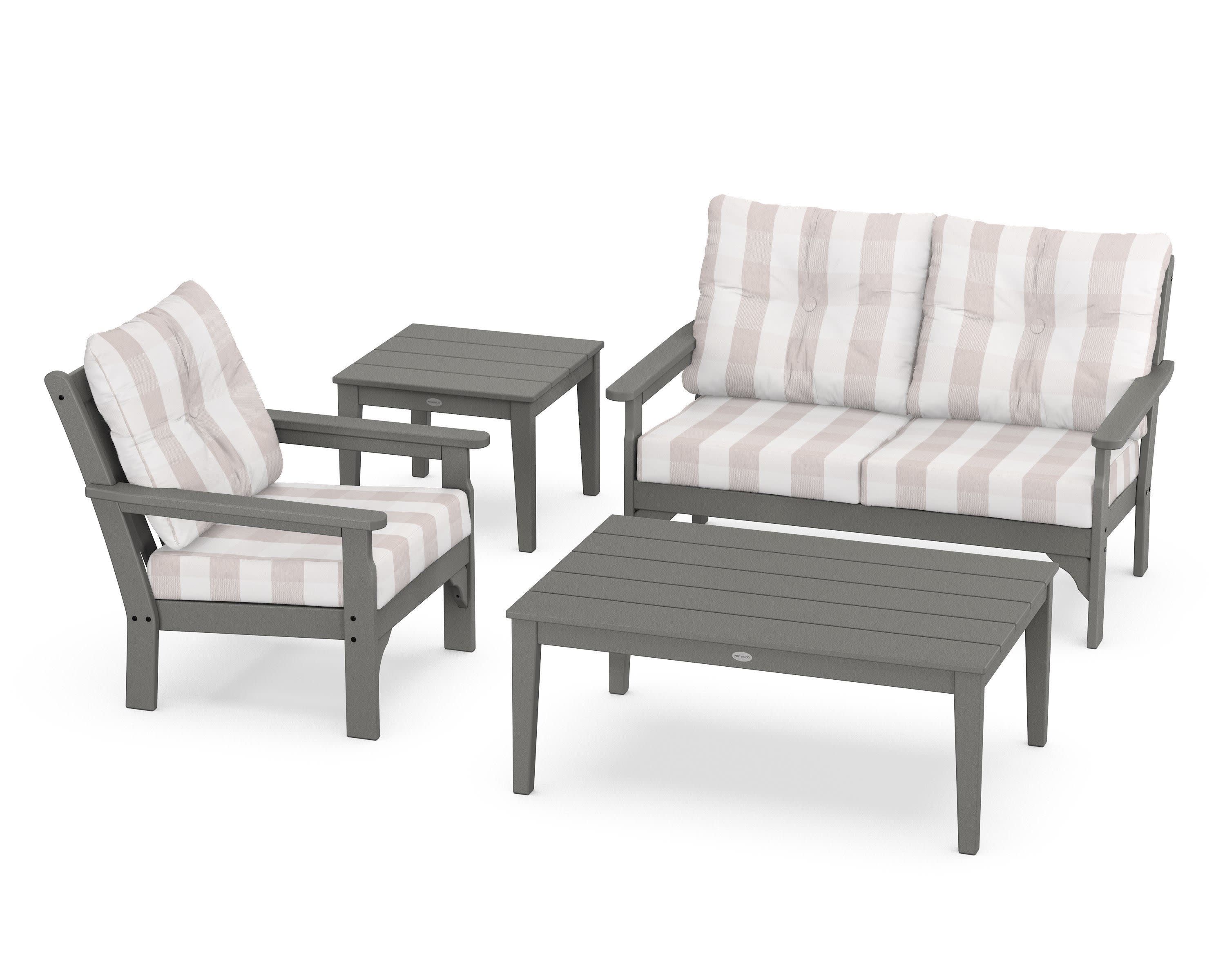 Vineyard 4-Piece Deep Seating Set in Slate Grey / Buffalo Plaid Dune Burlap