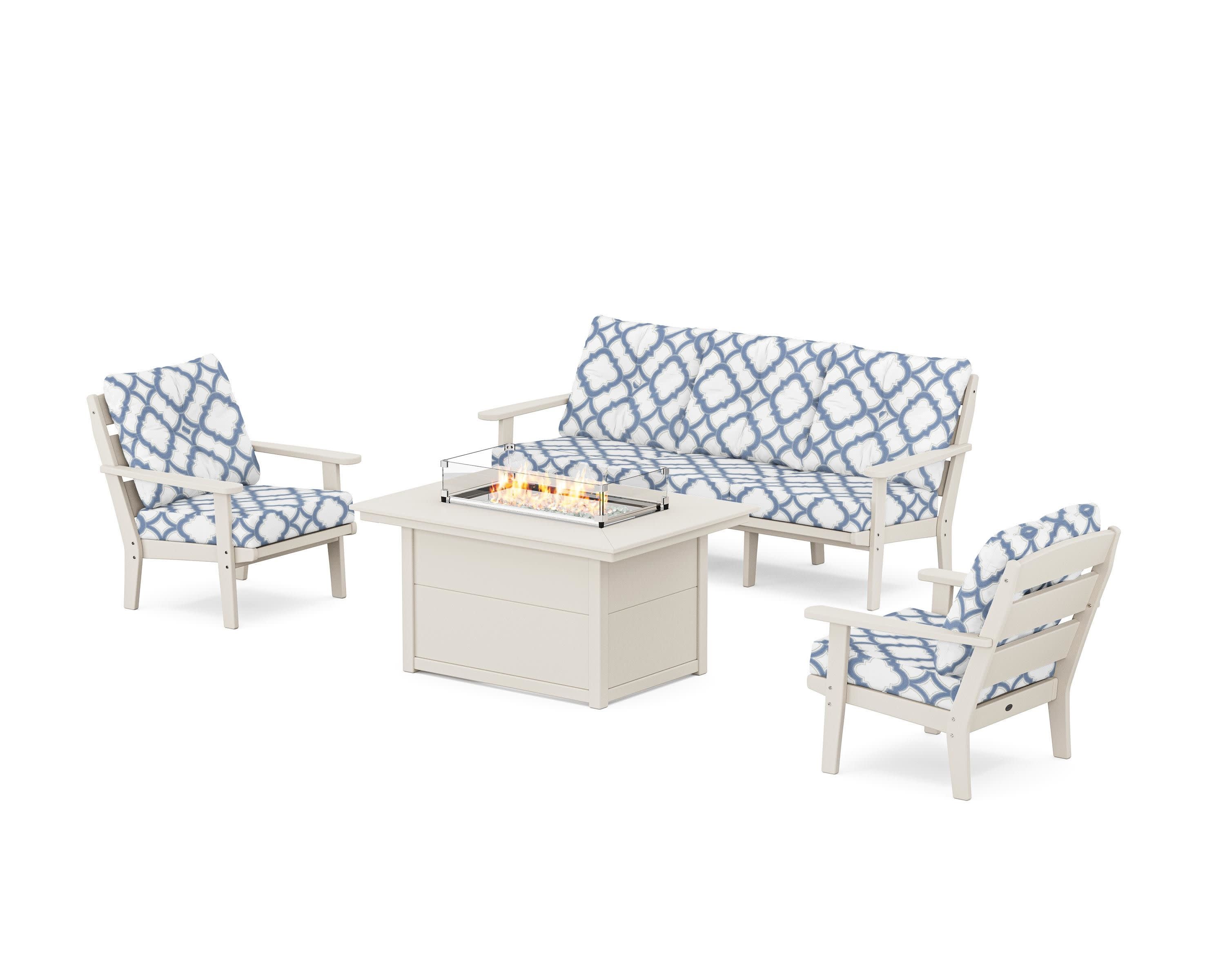 Lakeside Deep Seating Fire Pit Table Set in Sand / Trellis Sky Blue