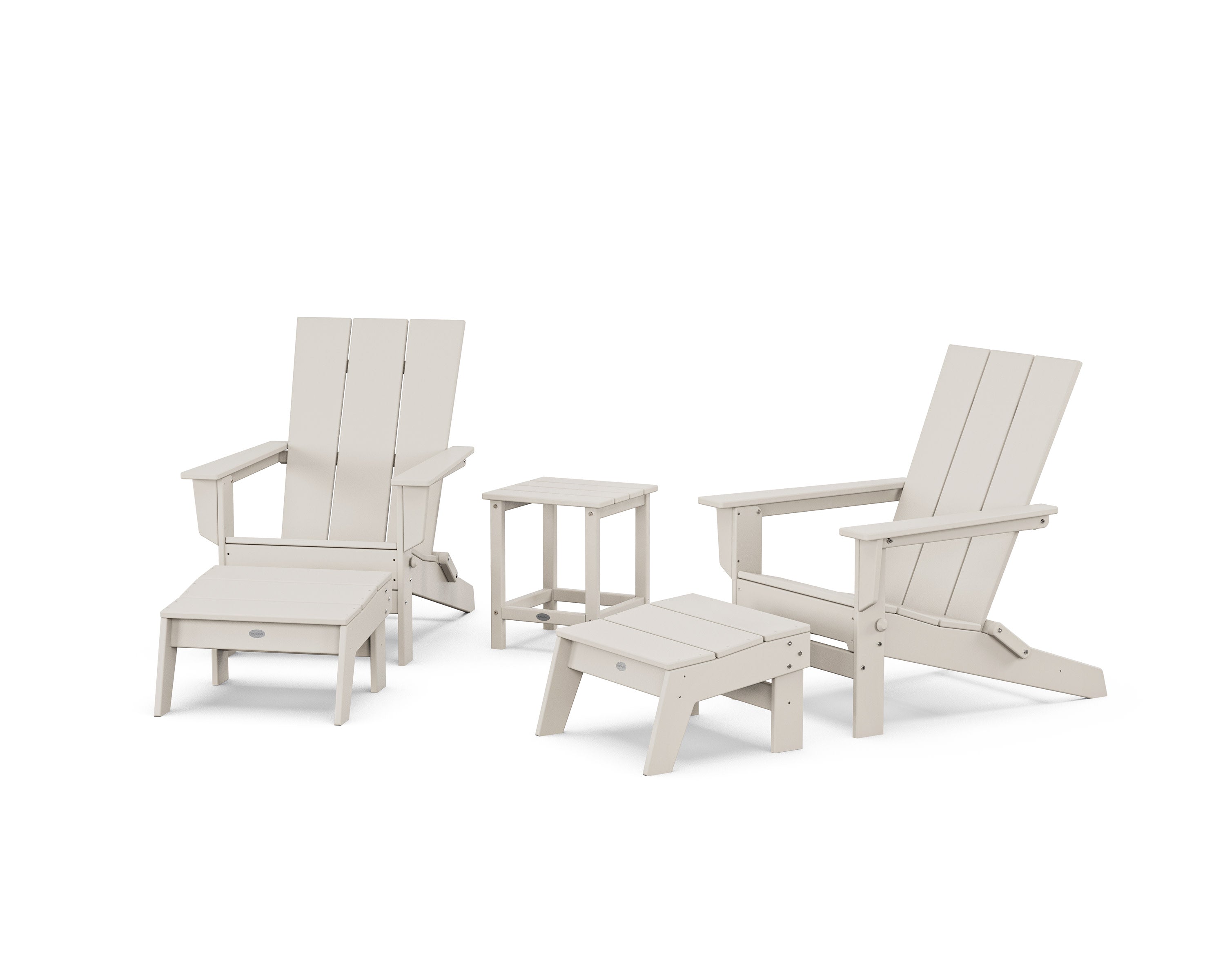5-Piece Modern Studio Folding Adirondack Set with Ottomans and Side Table in Sand