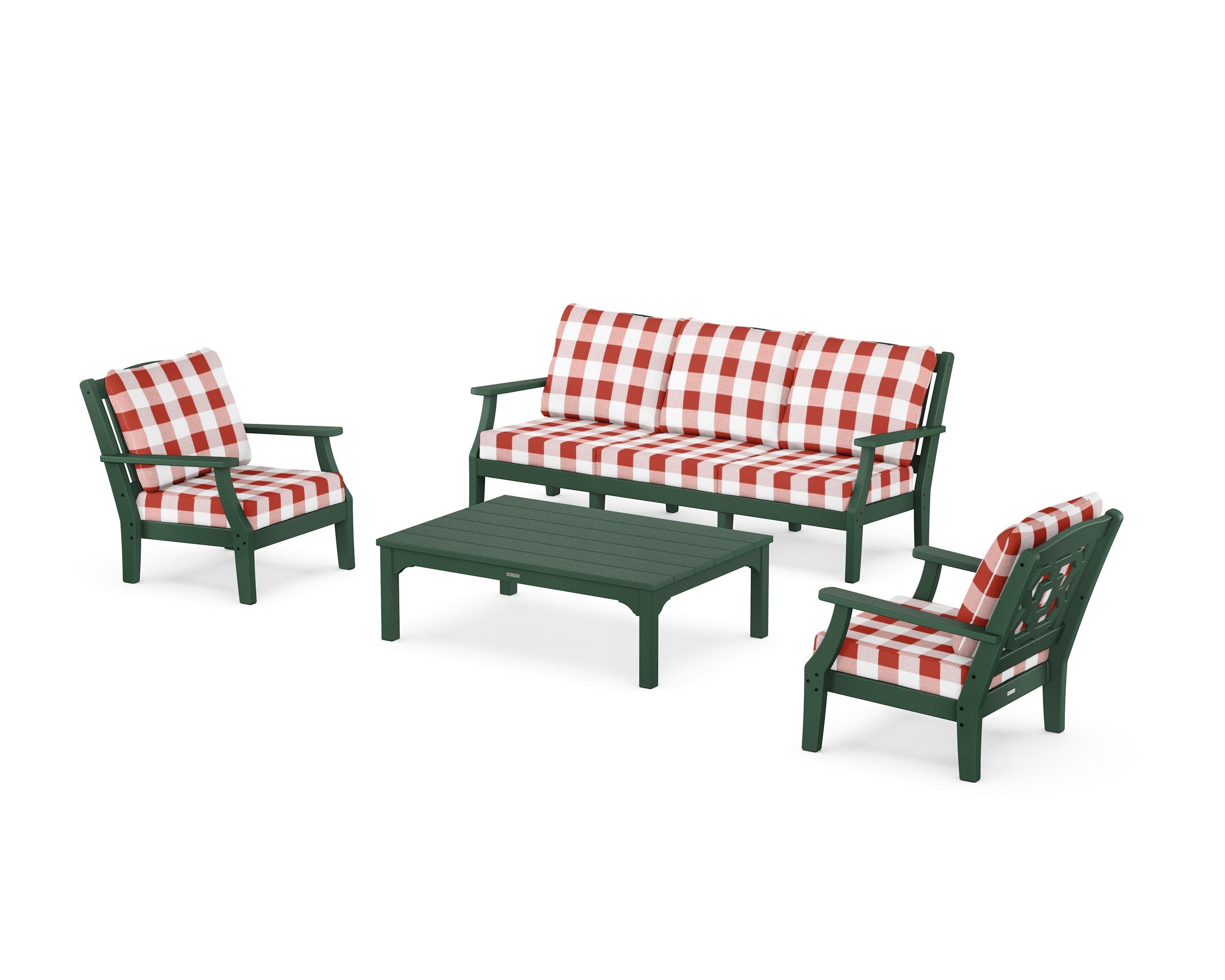 Chinoiserie 4-Piece Deep Seating Set with Sofa in Green / Buffalo Plaid Crimson