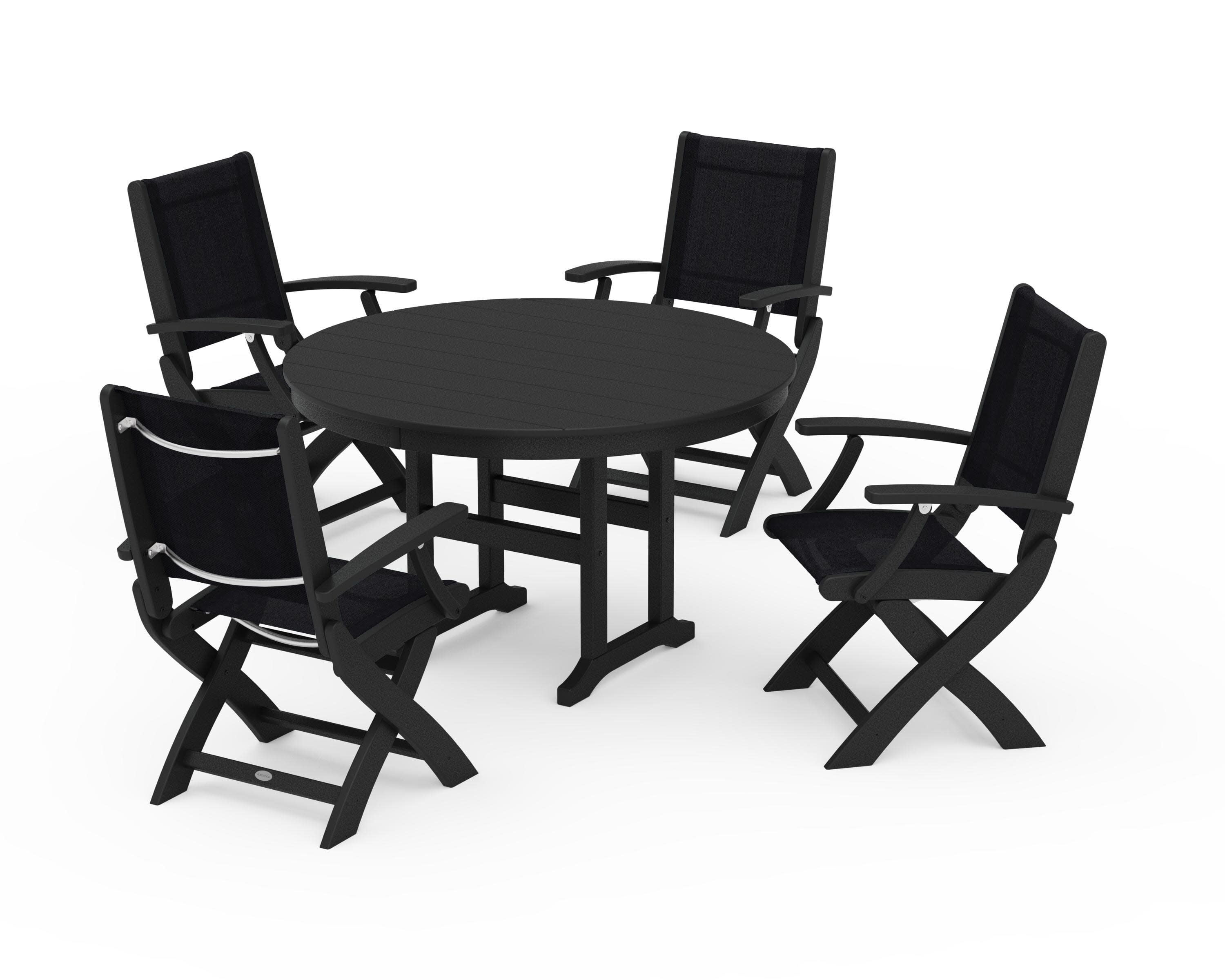 Coastal Folding Chair 5-Piece Round Dining Set in Black / Black Sling