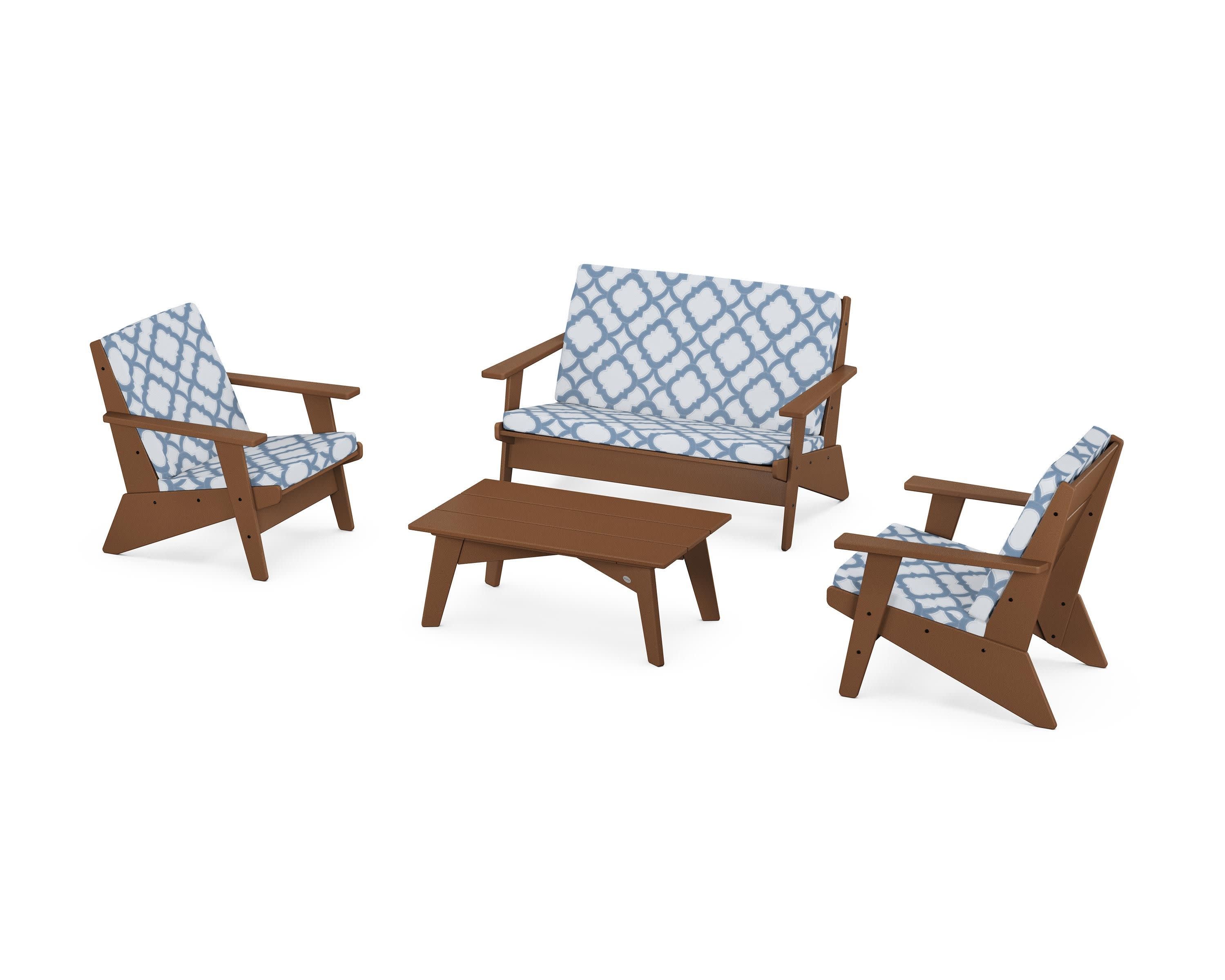 Riviera Modern Lounge 4-Piece Set in Teak / Trellis Sky Blue