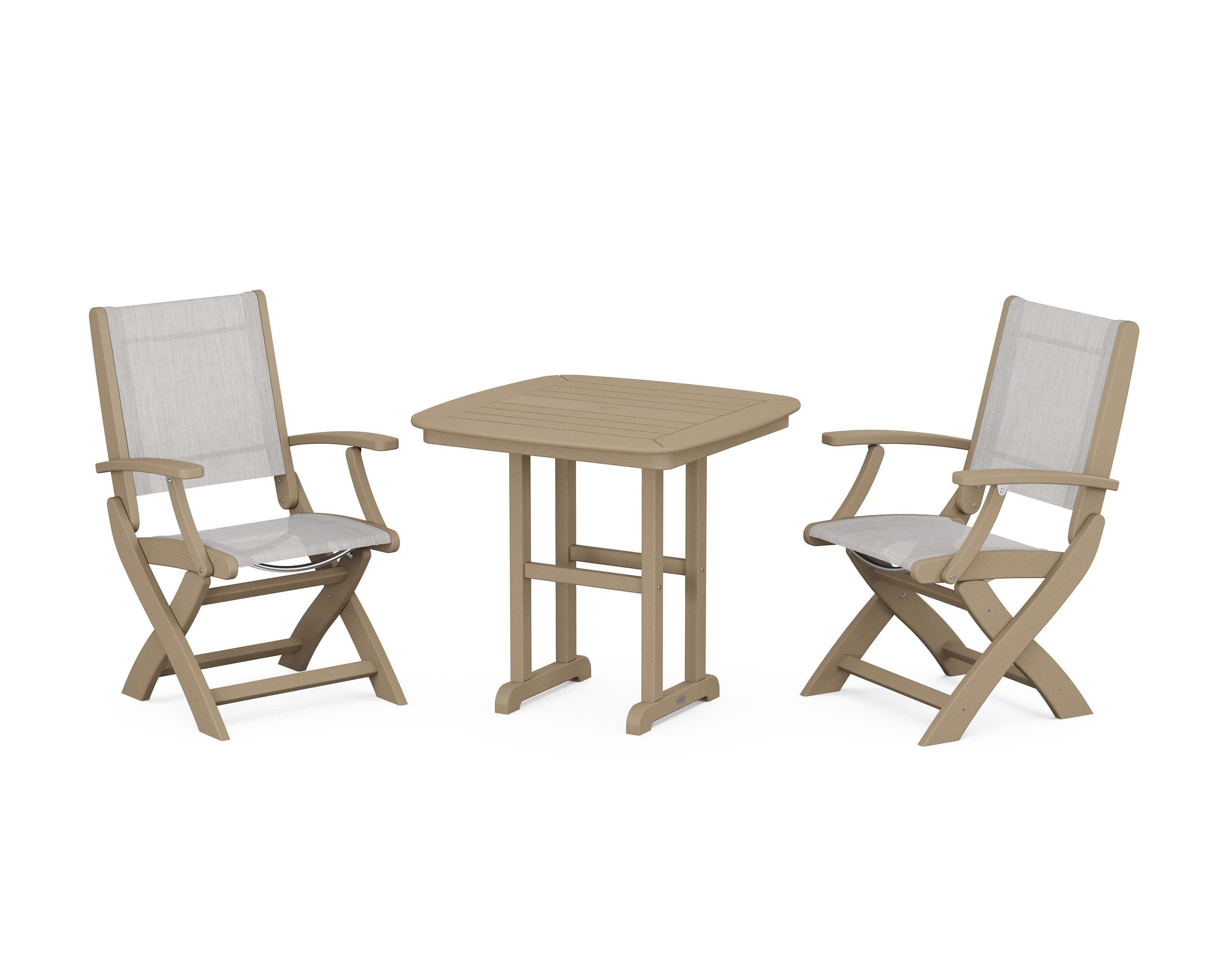 Coastal Folding Chair 3-Piece Dining Set in Vintage Sahara / Parchment Sling
