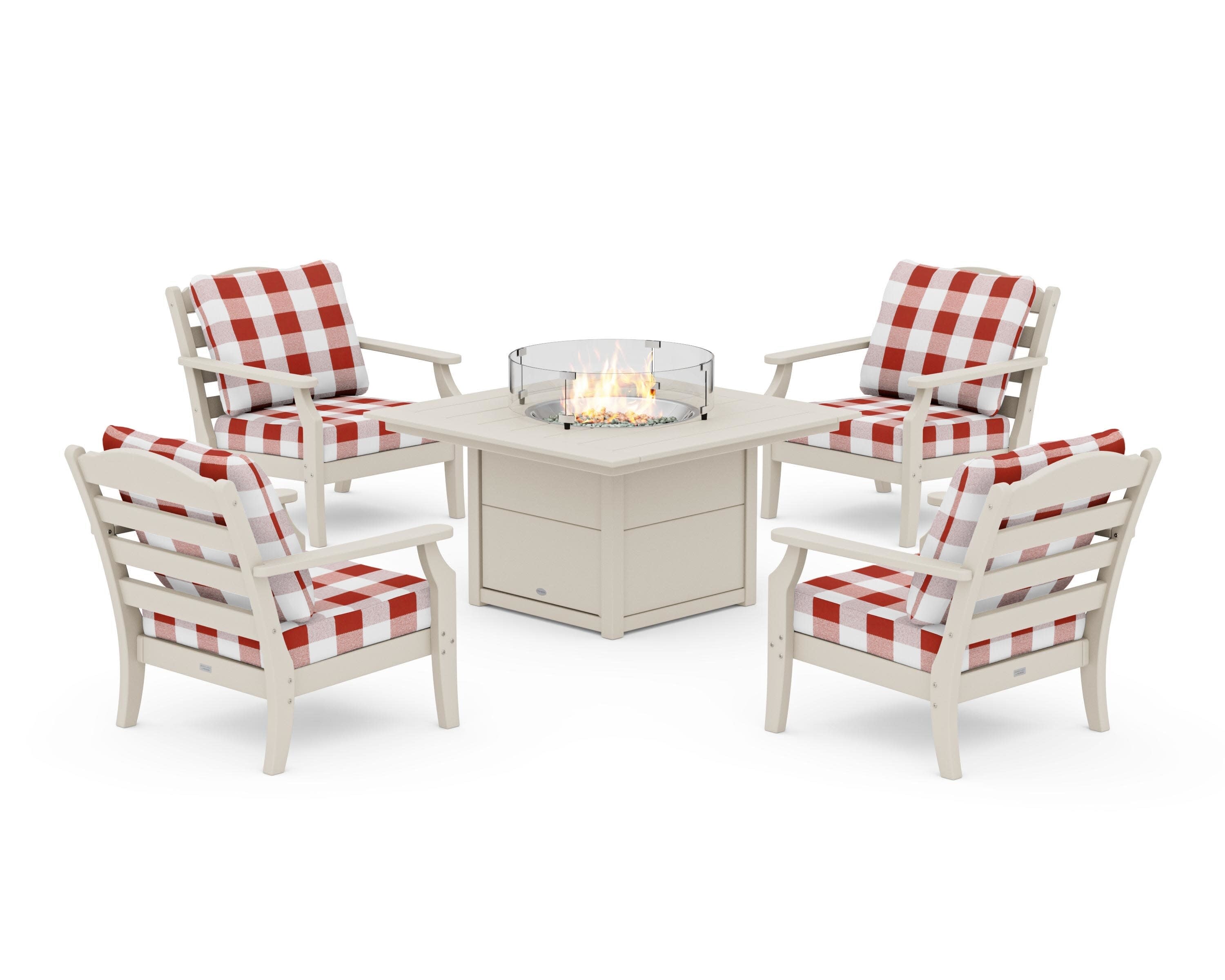 Savannah 5-Piece Deep Seating Set with Fire Pit Table in Sand / Buffalo Plaid Crimson