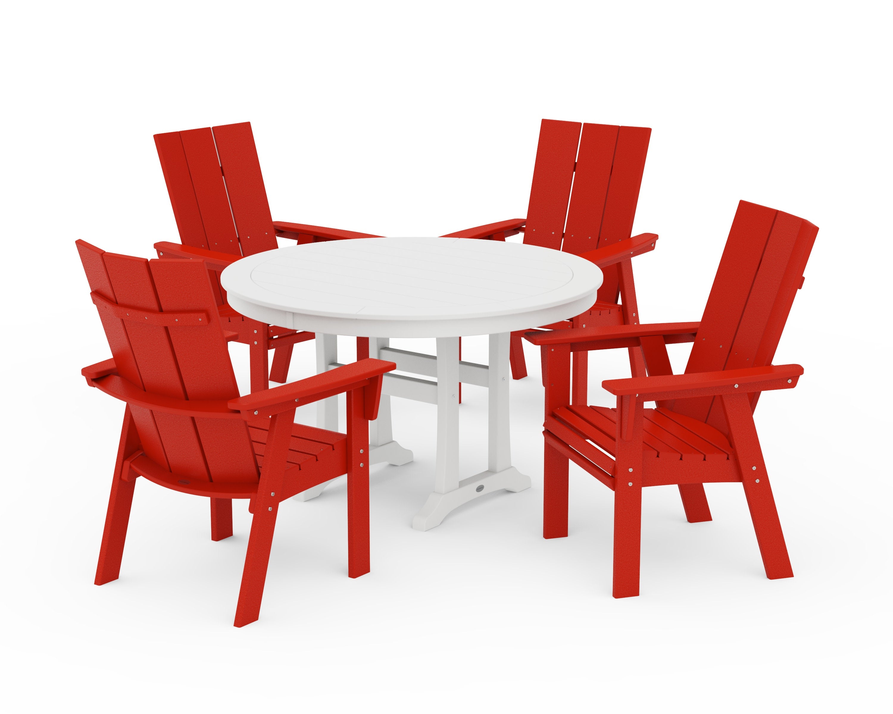 Modern Curveback Adirondack 5-Piece Nautical Trestle Dining Set in Sunset Red / White