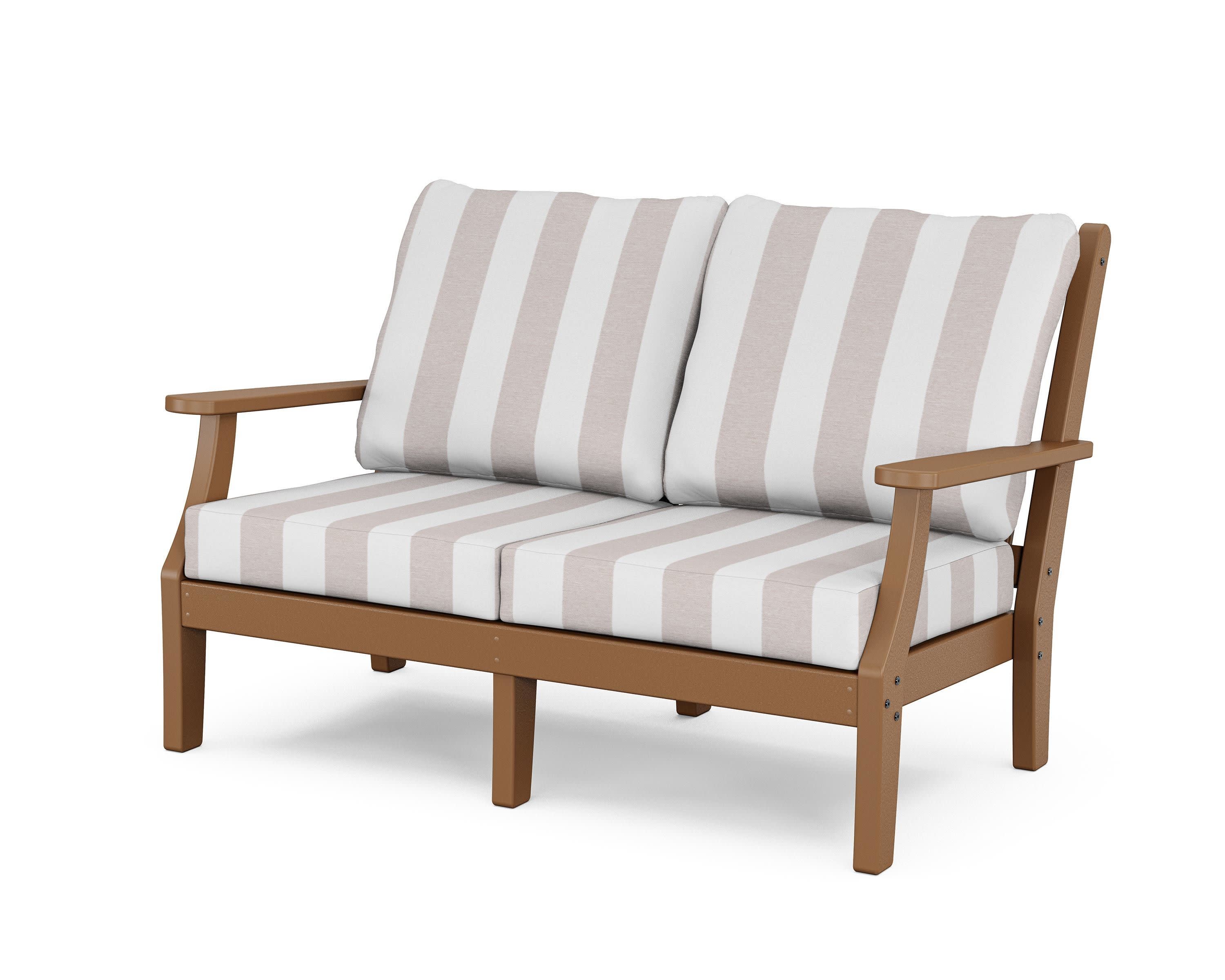 Wovendale Deep Seating Loveseat in Teak / Cabana Stripe Dune Burlap