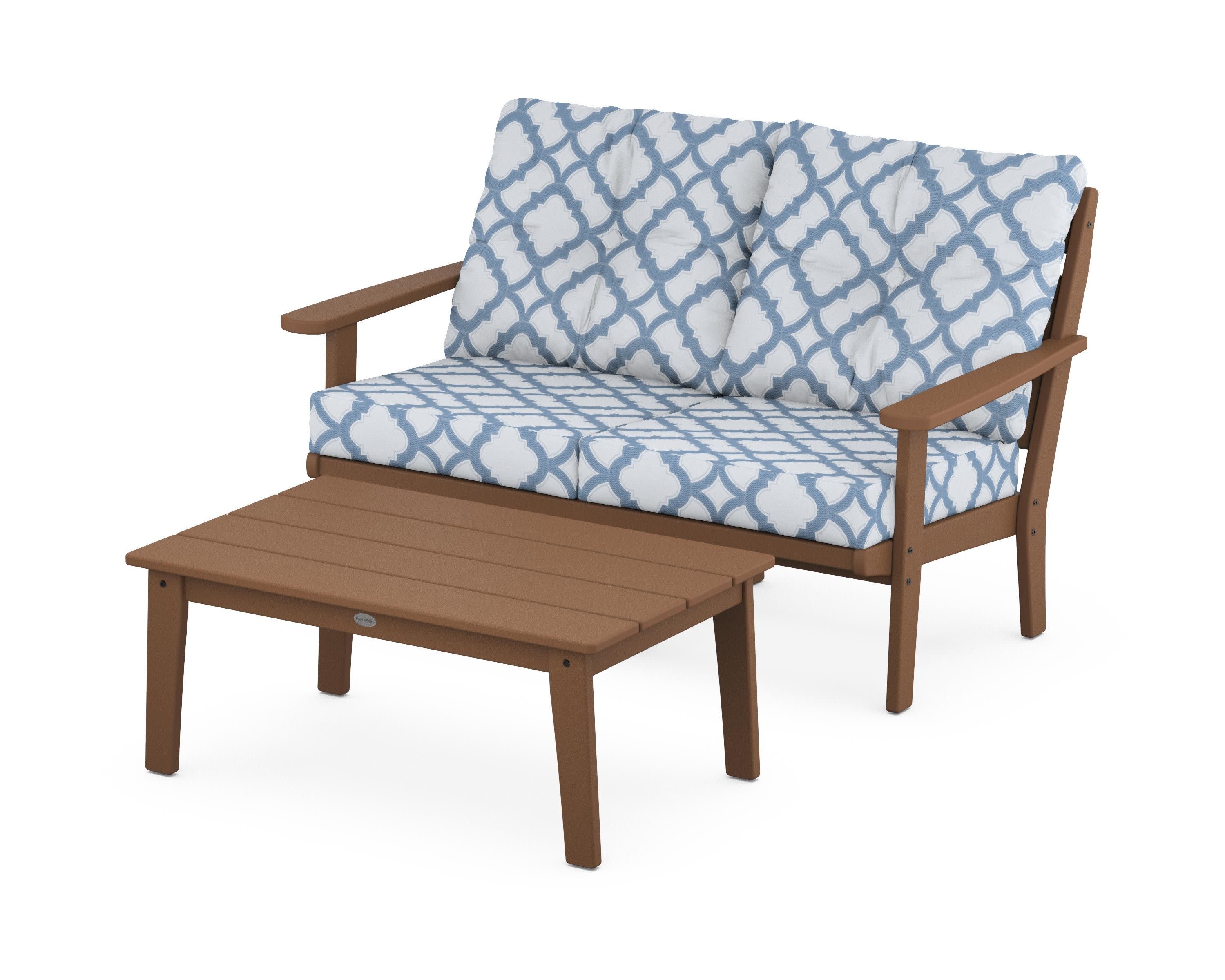 Lakeside 2-Piece Lounge Loveseat Set in Teak / Trellis Sky Blue